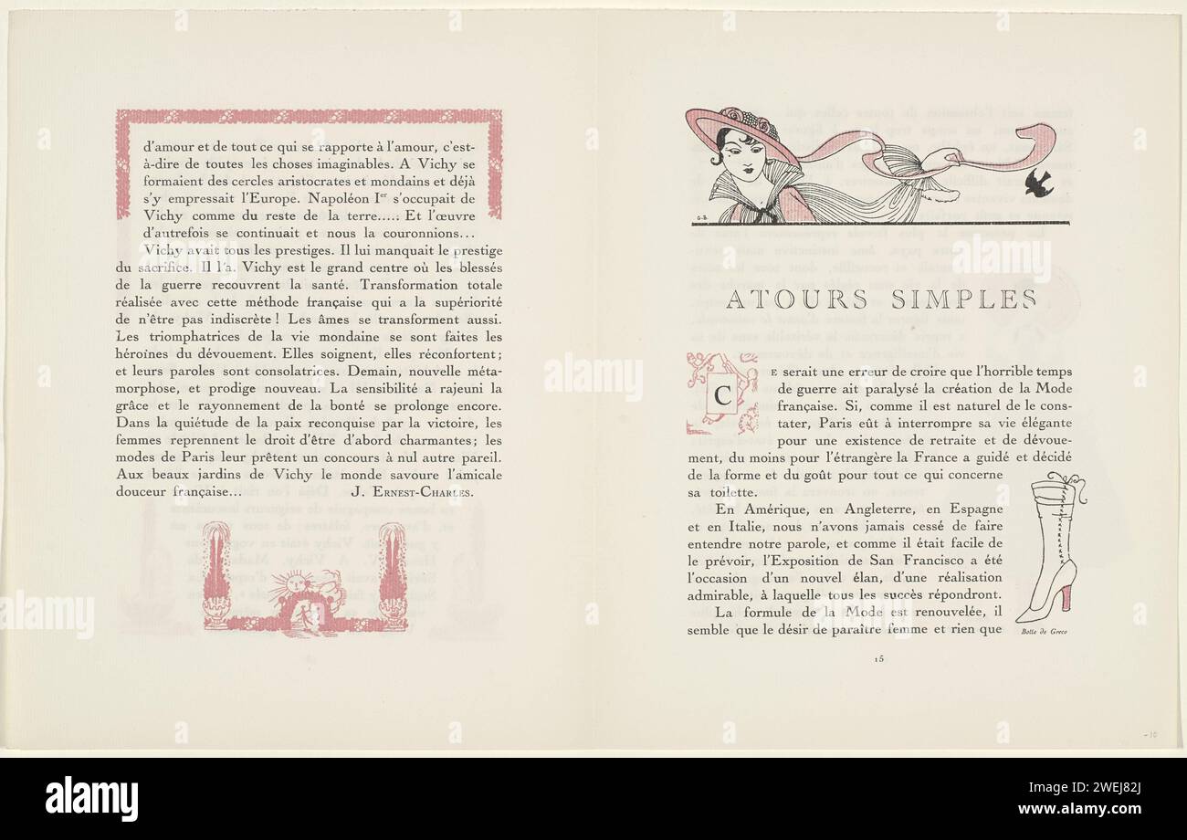 GAZETTE DU BON TON, 1915 - No. 8-9, pag. 15: Simple Around, 1915 Gazette du Bon Ton 1915, No. 8-9, pag. 15: Testo con illustrazione di uno stivale da donna: "Botte de Greco carta tipografica stampa lastre di moda. scarpe, sandali (+ abiti da donna) Foto Stock