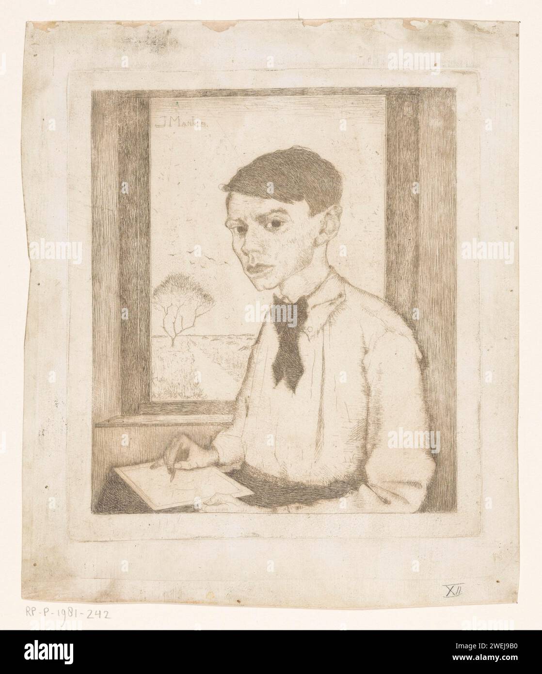 Autoritratto caratteristico di una finestra, Jan Mankes, 1913 stampa carta incisa ritratto, autoritratto dell'artista. Attrezzatura da collo  indumenti (con NOME). disegno Foto Stock