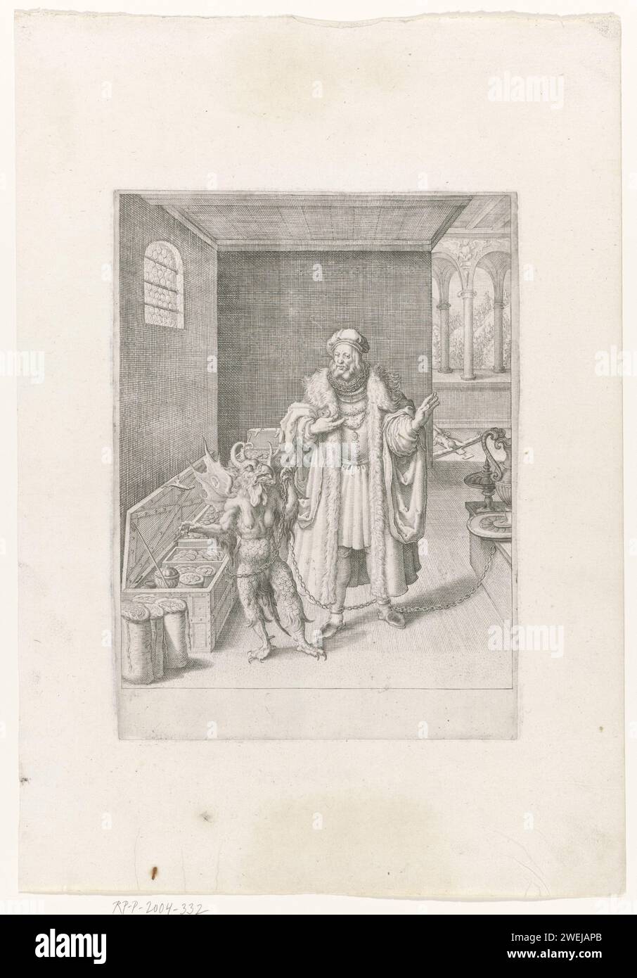 Uomo -incatenato tra tesori terrosi, c. 1600 - c. 1625 stampa riccamente vestita Lord in Mantel Said con pelliccia, in partenza, con catena per la caviglia. La collana conduce al suo portamonete e ai piatti argentati sul tavolo. Un diavolo lo rappresenta e tiene la catena. Sullo sfondo, in un'apertura, c'è un crocifisso sul pavimento. i demoni di incisione/incisione di carta appaiono ai mortali, cercando di sedurli; tentazione. contemplare le proprie ricchezze Foto Stock
