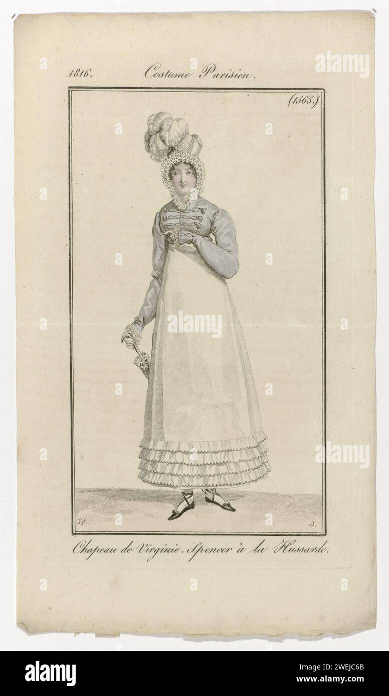 Journal of the Ladies and Fashions, costume parigino, 20 maggio 1816, (1565): Cappello di Virgini (...), 1816 donna in piedi vestita con una "Spencer à la Hussarde" su una gonna, decorata all'orlo con quattro volant con orlo smerlato. Sulla testa un cappello con struzzi: "Chapeau de Virginie". Altri accessori: ombrellone, scarpe piatte con pneumatici incrociati e fiocchi. La stampa fa parte della rivista di moda Journal des Dames et des Modes, pubblicata da Pierre de la Mésangère, Parigi, 1797-1839. lastre di moda per incisioni in carta. Abbigliamento per la parte superiore del corpo (SPENCER) (+ abiti da donna). testa-ingranaggio: ha Foto Stock