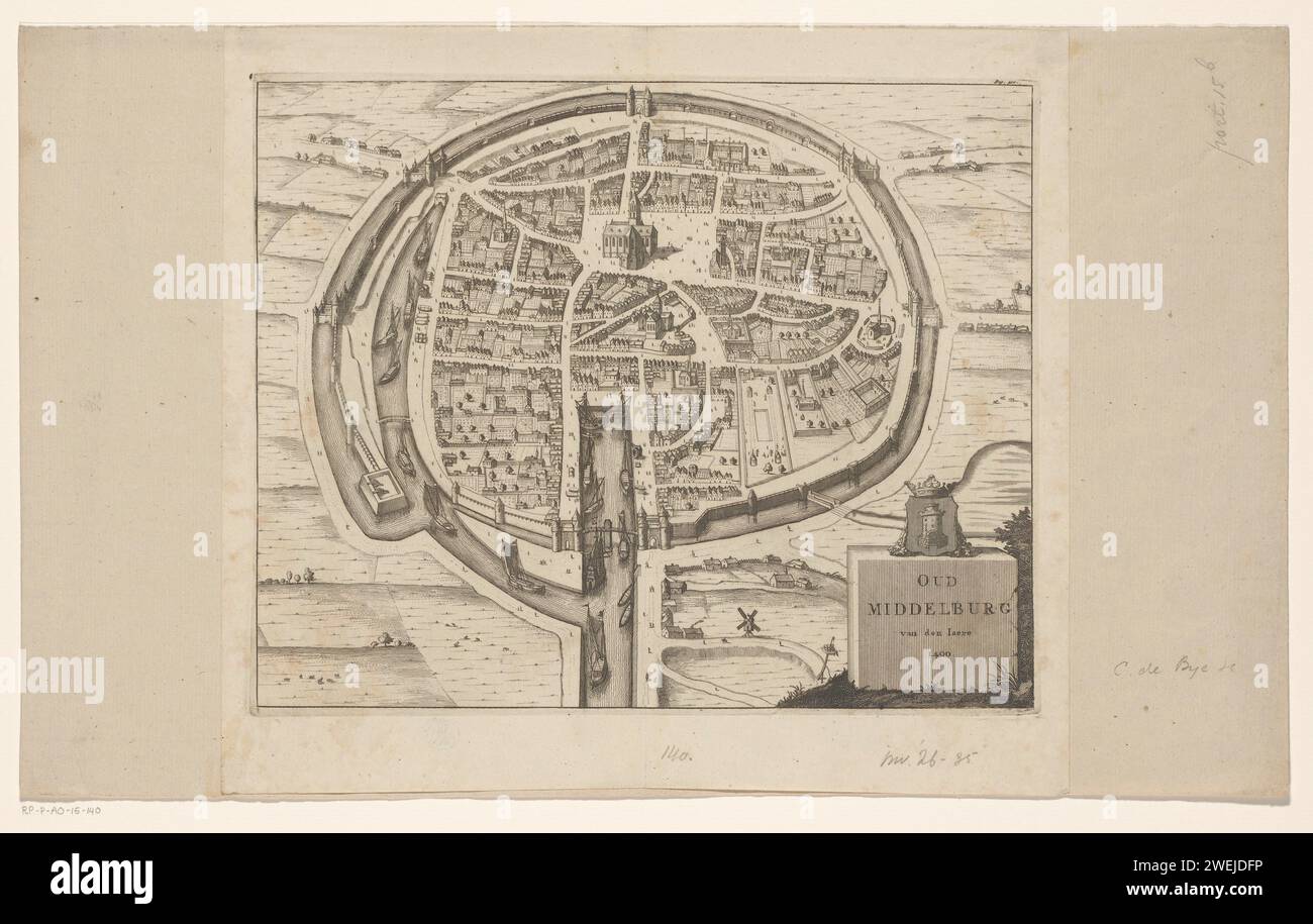 Mappa di Middelburg, CA. 1400, Anonymous, 1696 Stampa Mappa di Middelburg in una prospettiva sintetica, come avrebbe guardato intorno al 1400. In basso a destra il titolo con lo stemma sopra di esso. Numerato in alto a destra: Pag. 420. mappe cartaceo delle città. stemma (simbolo dello stato, ecc.) (+ città; municipale) Middelburg Foto Stock