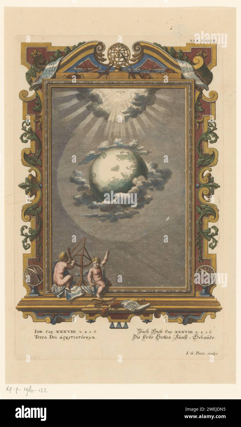 Pianeta Terra e Dio, Johann Georg Pintz, 1733 carta stampata incisione / incisione 'Terra', 'Carro della terra' (Ripa). terra, mondo come corpo celeste. astronomia (e cosmografia). Tetragramma (in alfabeto romano o ebraico)  simbolo di Dio padre Foto Stock