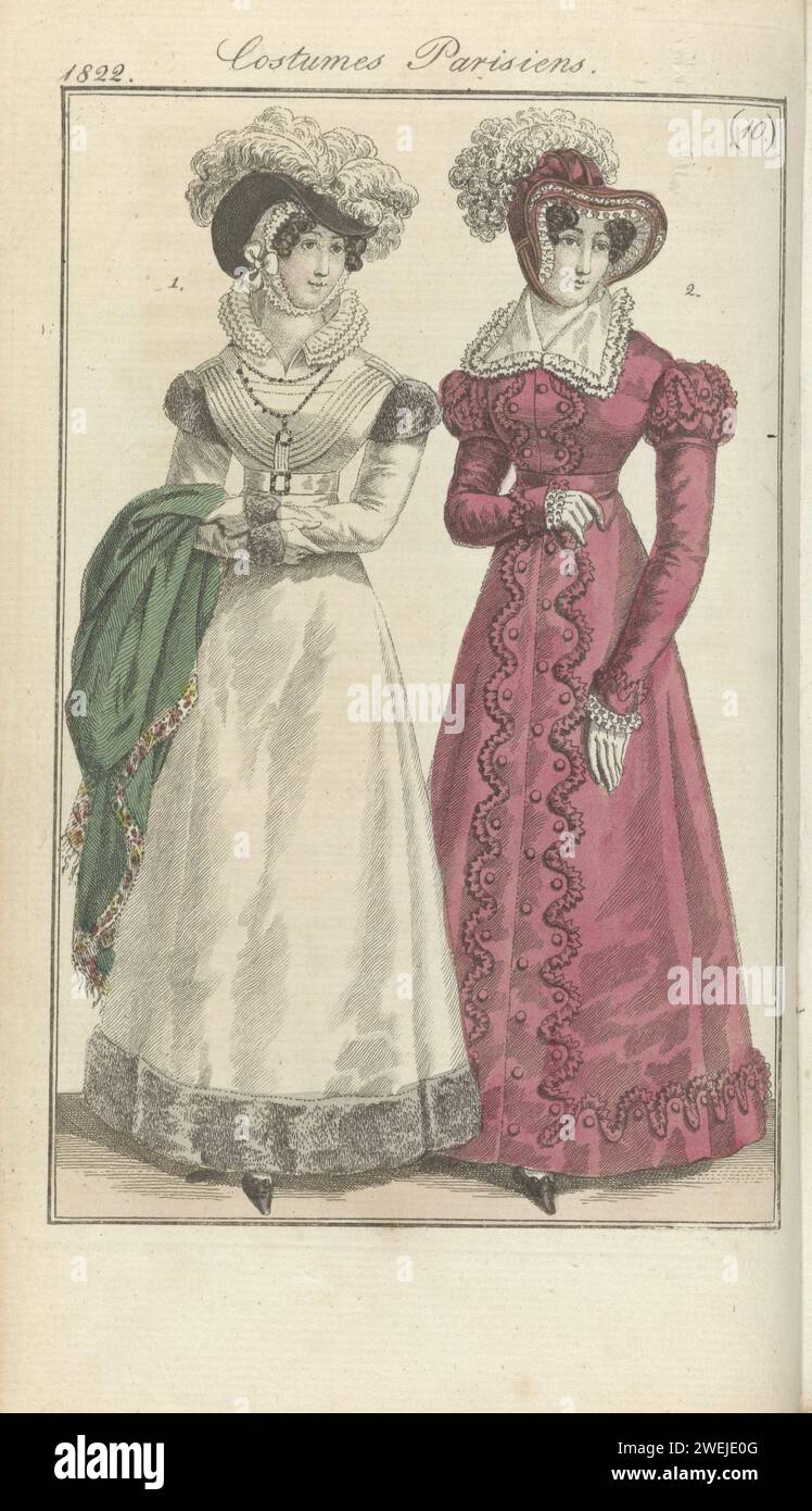 Journal of the Ladies and Fashions, editis Frankfurt 3 marzo 1822, Parisian Costumes (10), Anonymous, 1822 il testo di accompagnamento (pag. 271) cita: Fig. 1: cappello di raso, decorato con struzzi. Cornette guarnita con "bionda" (bobina). Giapponese di lana merino guarnito con Chinchillabont. Scarpe bianche e nere. Fig. 2: Cappello di velluto. Klapon di "REPS" con la stessa modanatura. Il collare GaAs è caduto con "bionda" (bobina). Guanti bianchi. Scarpe nere. La stampa fa parte della rivista di moda Journal des Dames et des Modes, pubblicata a Francoforte come copia dell'edizione francese di Pierre Foto Stock