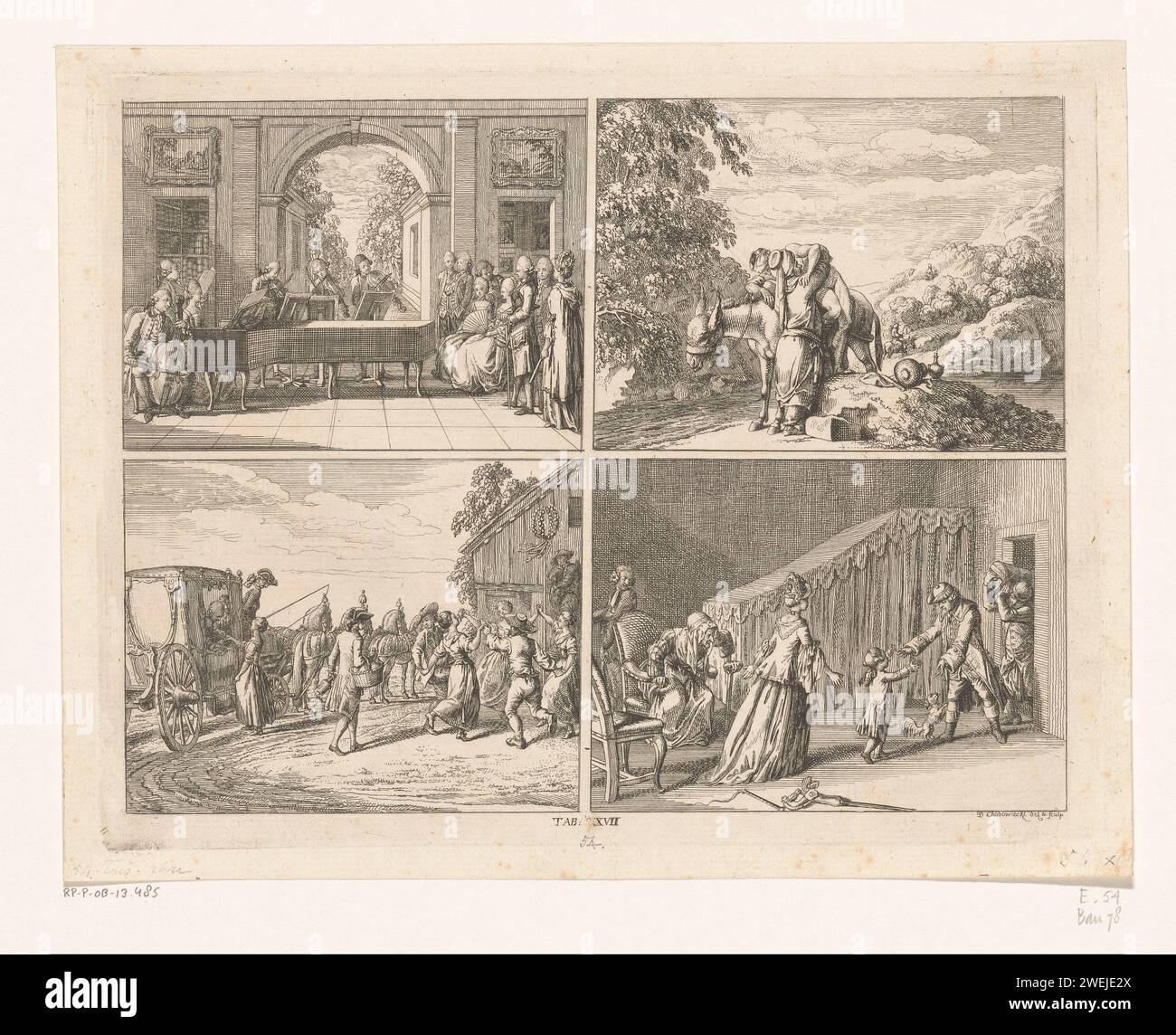 Piaceri umani, Daniel Nikolaus Chodowiecki, 1769 stampa quattro scene che raffigurano i piaceri umani. Sopra un gruppo di musicisti (come esempio di accordo) e il samaritano misericordioso (come esempio di pietà). Sotto contadini danzanti (esempio di gioia) e una famiglia in un interno (come esempio del legame familiare). Al centro della scheda numerata:. XVII incisione su carta che fa musica; musicista con strumento. Il buon samaritano (Luca 10:30-37). danza popolare (uomini e donne insieme). famiglia, discendenza Foto Stock