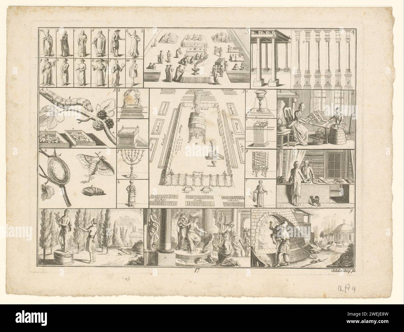 Foglia con diverse rappresentazioni enciclopediche, Johann Rudolph Schellenberg, 1784 stampa varie rappresentazioni contenute in quadri, con la legislazione sul Monte Sinai, circondato da altre esibizioni tra cui farfalle, pilastri e bozzoli, vari sacerdoti e colonne classiche. Numerato al centro: 17. Incisione di carta / incisione Tabernacolo, Tempio, Sinagoga e altri santuari  religione ebraica. colonna, colonna  architettura. Forno  cucina - CC - all'aperto. insetti: caterpillar Foto Stock