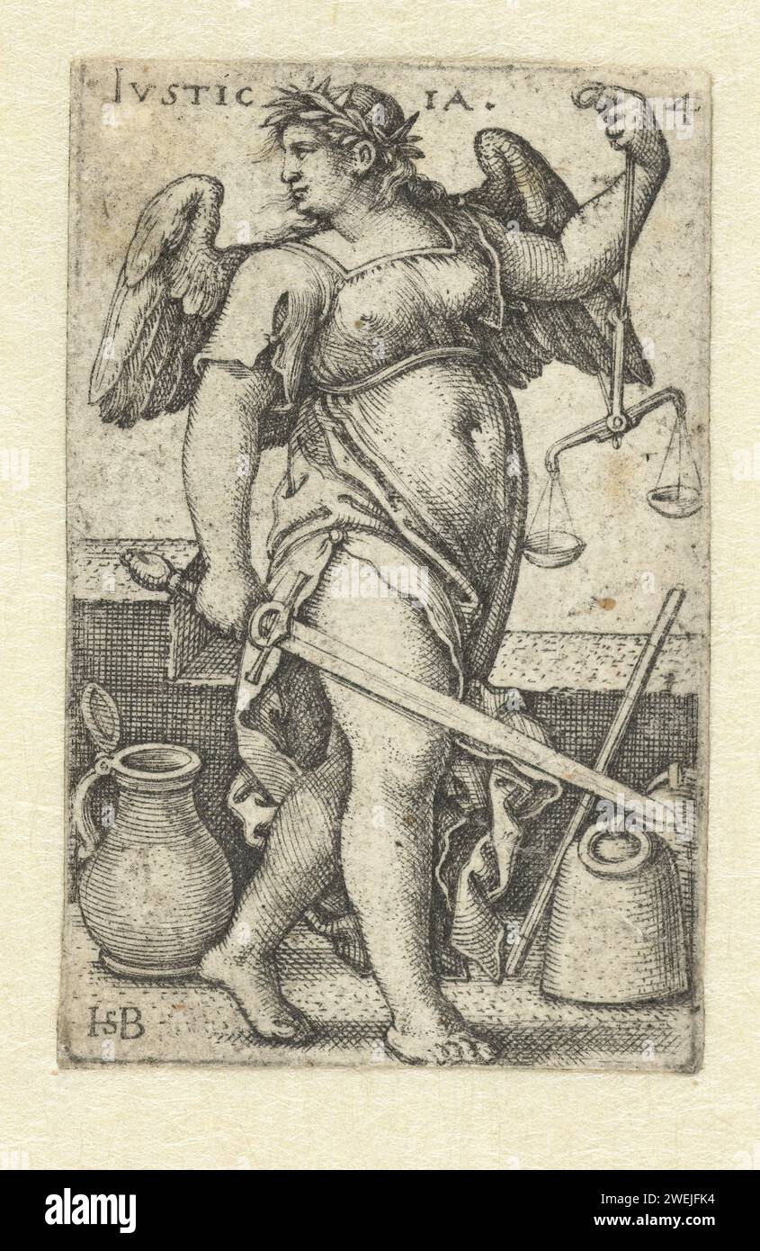 Giustizia (Justitia), Hans Sebald Beham, 1539 stampa donna alata come personificazione della giustizia (Justitia) con attributi spada e scale incisione di carta giustizia, "Justitia"; "Giustitia divina" (Ripa)  una delle quattro virtù cardinali Foto Stock