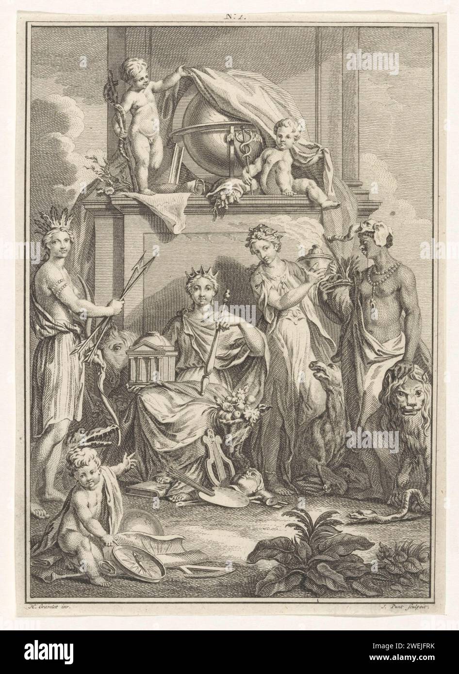 Performance allegorica con personificazioni di quattro continenti, Jan Punt, dopo Hubert Francois Gravelot, 1721 - 1779 stampa Un putto con strumenti di misura indica le quattro personificazioni femminili dei continenti d'America, Europa, Asia e Africa. Dietro di loro due putti con scimmia escula e caduceus un globo. Al centro della N. 1. cupidi per incisione/incisione su carta: "amores", "amoretti", "putti". i continenti rappresentavano allegoricamente. globo Foto Stock