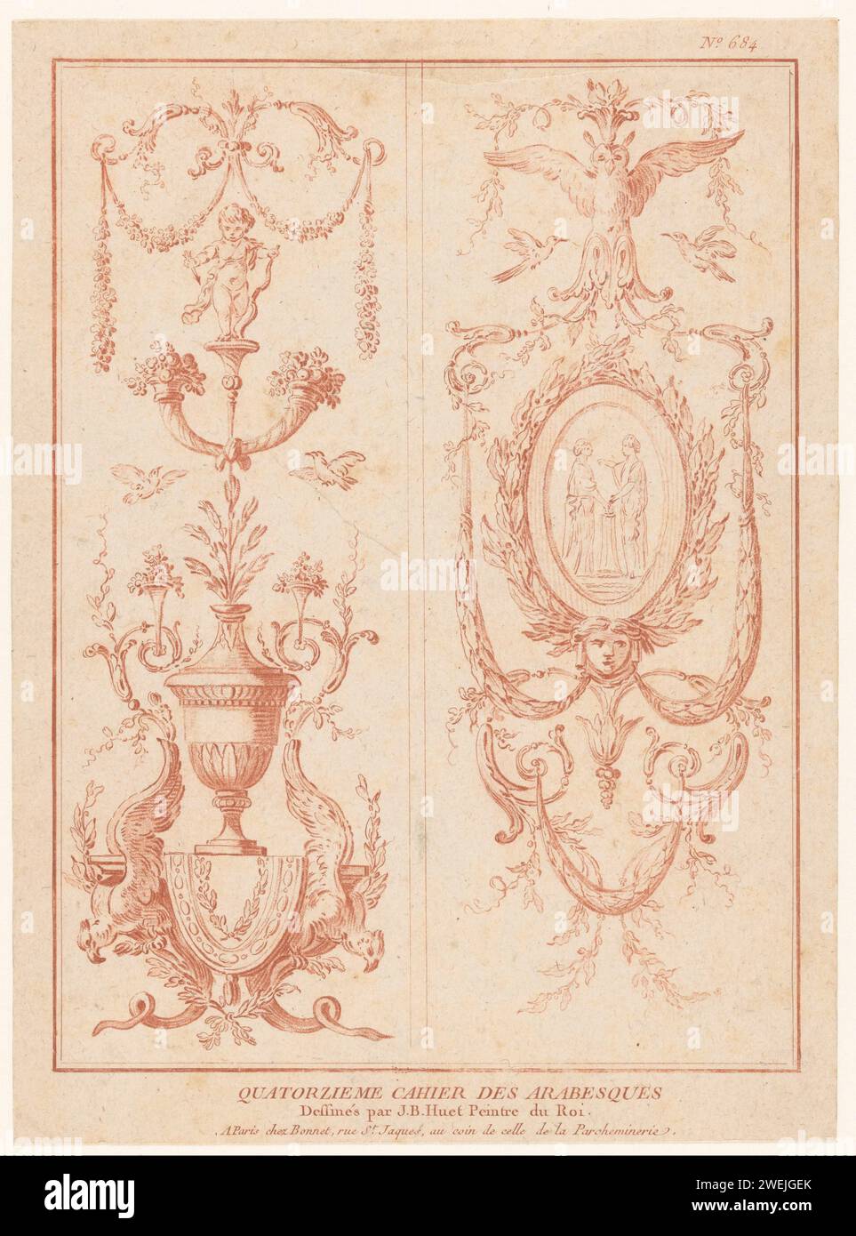 TWE pullen met araviax, anonimo, After jeanba Baptists (le Vieux), 1770 - 1780 stampa due pannelli con arabesks. A sinistra con un vaso su piedistallo con due galli, corna di abbondanza e un putto sotto le ghirlande. A destra un medaglione ovale con due figure, circondato da arabesken e un gufo in cima. Pubblicazione numero 684. ornamento di carta  arabesco Foto Stock