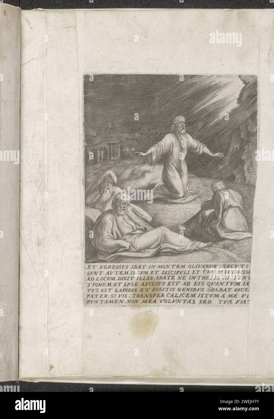 Cristo nella corte di Getsemane, 1572 stampa Cristo prega nella corte di Getsemane. Petrus, Johannes e Jacobus dormono in primo piano. Sullo sfondo, Giuda guida un gruppo di soldati attraverso il cancello. Sotto lo spettacolo un testo di sette righe in latino. Questa stampa fa parte di un album. Carta che incide la preghiera di Cristo nel Giardino del Getsemani durante la notte. Agonia di Cristo; tre (o undici) apostoli dormono Foto Stock