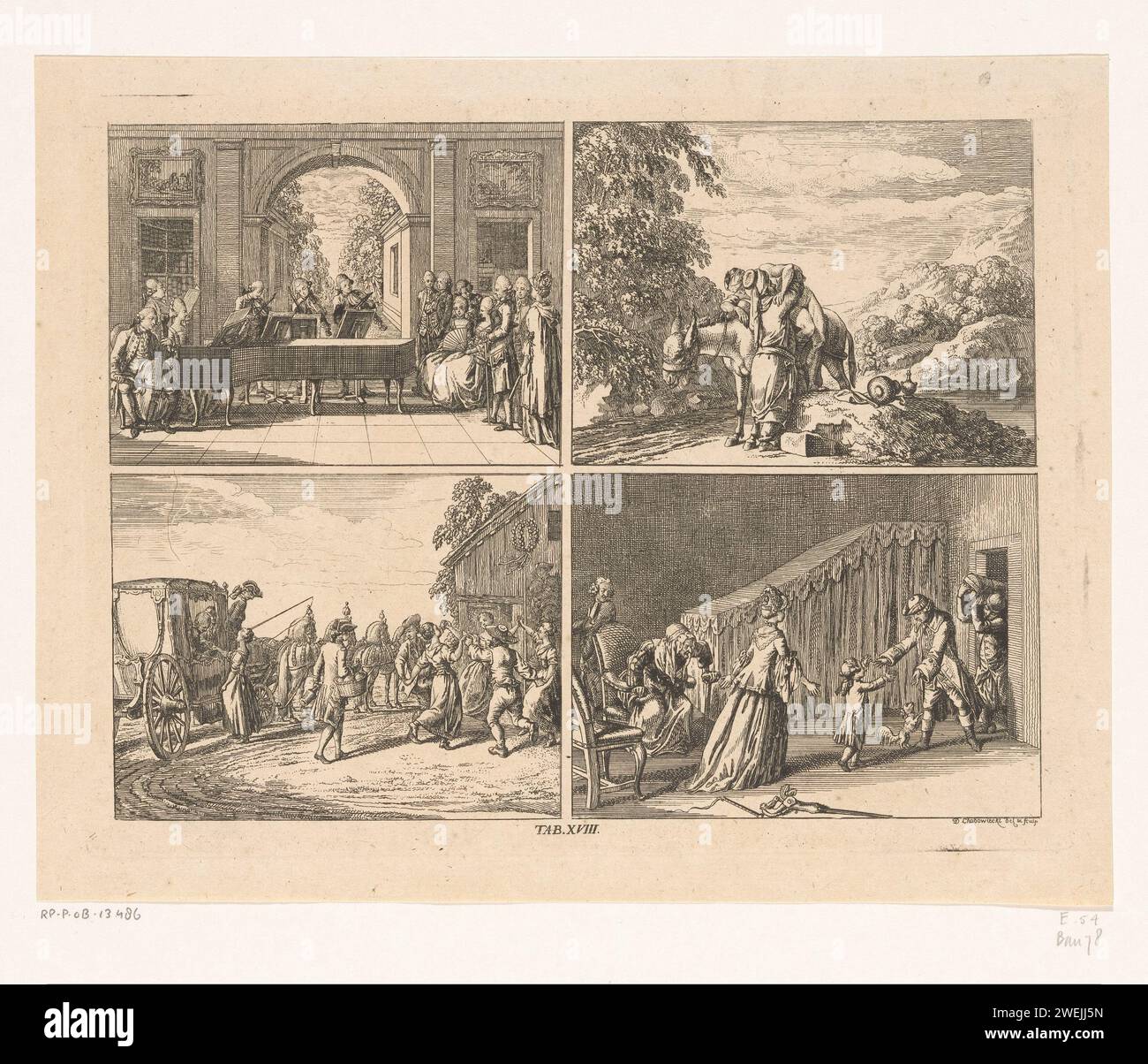 Piaceri umani, Daniel Nikolaus Chodowiecki, 1769 stampa quattro scene che raffigurano i piaceri umani. Sopra un gruppo di musicisti (come esempio di accordo) e il samaritano misericordioso (come esempio di pietà). Sotto contadini danzanti (esempio di gioia) e una famiglia in un interno (come esempio del legame familiare). Al centro della scheda numerata:. XVII incisione su carta che fa musica; musicista con strumento. Il buon samaritano (Luca 10:30-37). danza popolare (uomini e donne insieme). famiglia, discendenza Foto Stock