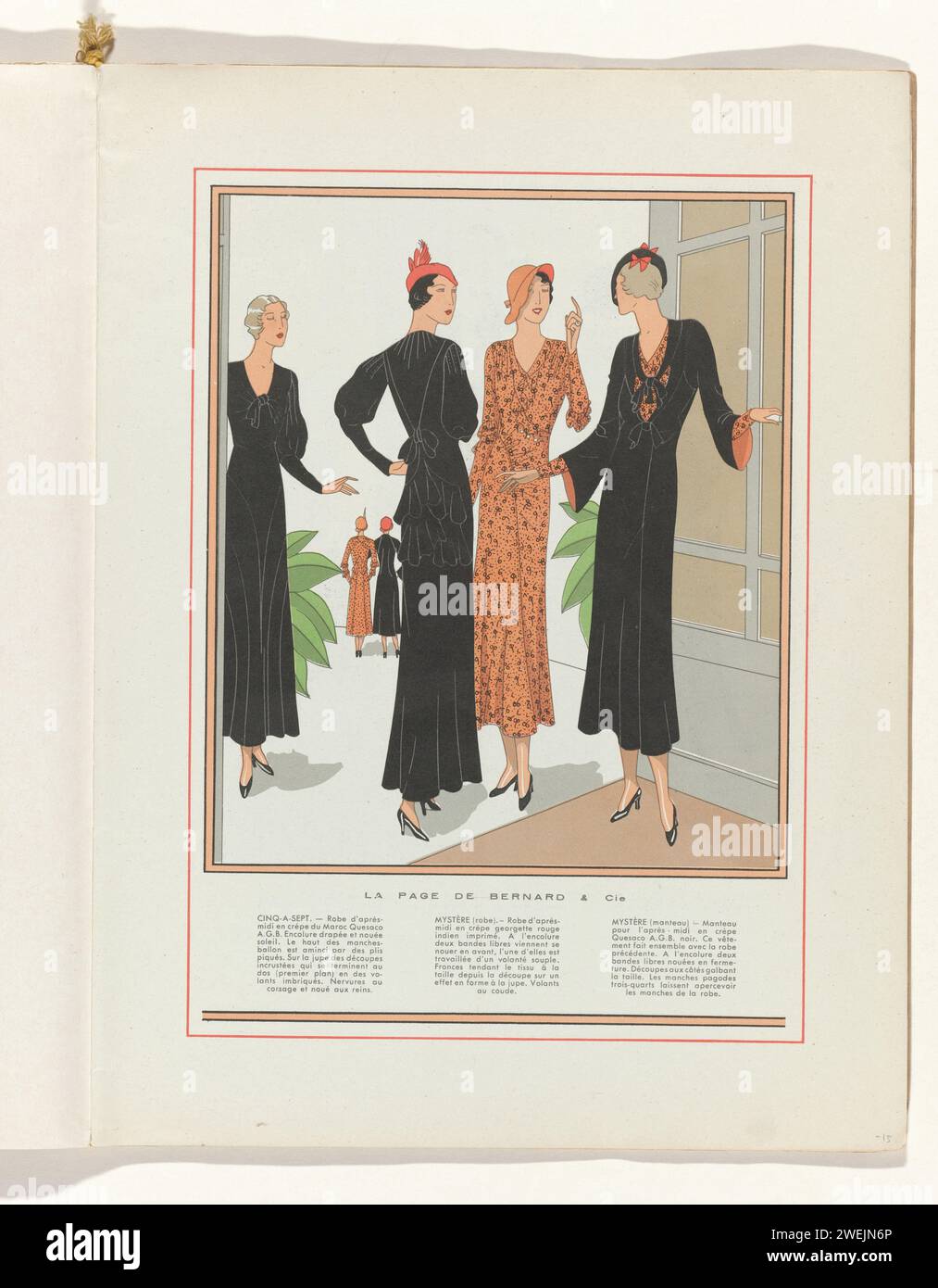 Art - Taste - Beauty, female Elegance sheets, marzo 1932, No. 139, dodicesimo anno, P. 15, Anonymous, rivista del 1932 quattro donne vestite in gruppi di Bernard & CIE. Due donne indossano lo stesso vestito nero pomeridiano e le altre due sono mostrate anche sul retro. A sinistra: Abito pomeridiano da 'Crêpe du Maroc quesaco A.G.B.' Medio: Abito pomeridiano in crepe Georgette rossa stampata, a destra: Mantello nero 'crepe quesaco A.G.B.' con tre quarti di corde pago. Pagina della rivista di moda Art-Goût-Beauté (1920-1933). targhe di carta. abito, abito: abito da giorno (+ abiti da donna). cappotto (+ abiti da donna Foto Stock