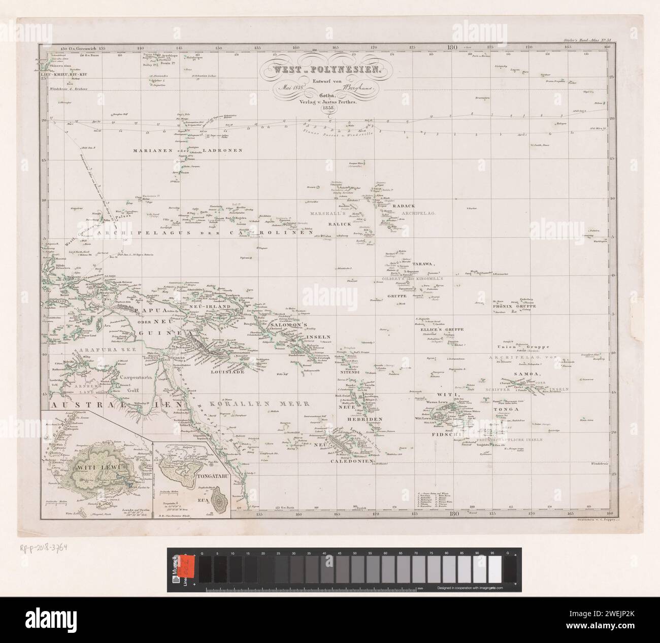 Mappa della Polinesia Occidentale, Carl Poppey, dopo Heinrich Berghaus, stampa del 1858 numerata in alto a destra: 51. Mappe di incisione/incisione su carta, atlanti Polinesia Foto Stock