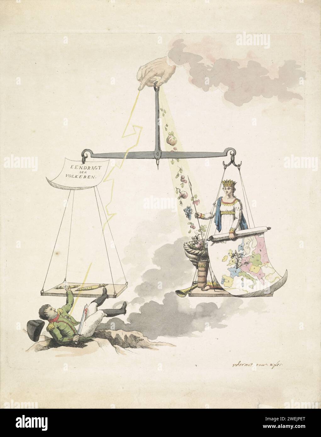 Balance of Europe, 1814, Derk Anthony van de Wart, 1814 stampa Cartoon on on the Fall of Napoleon in 1814. L'imperatore, colpito da un fulmine, viene notato dalle scale 'Eendragt dei popoli' e tenuto dalla mano di Dio nelle nuvole. Dall'altra parte, l'Europa ha una mappa dell'Europa in mano, una Bibbia e un corno di abbondanza che è riempito da Dio di fiori e frutti. Nella mappa un fiore è stato messo a Parigi, riferendosi alla Pace di Parigi del 30 maggio 1814. La stampa include una spiegazione separata. scale di incisione della carta Foto Stock