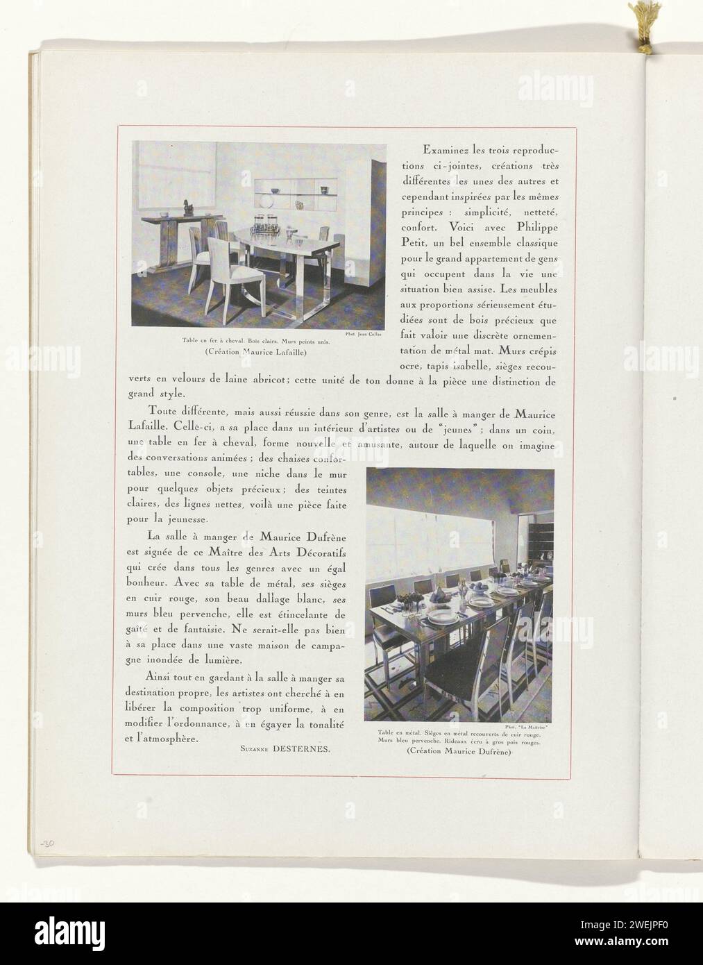 Art - Taste - Beauty, Female Elegance sheets, novembre 1931, No. 135, dodicesimo anno, P. 230, John von Collas, rivista 1931 testo con due immagini di tavoli da pranzo di Maurice Lafaille e Maurice Dufrène. Pagina della rivista di moda Art-Goût-Beauté (1920-1933). targhe di carta. sala da pranzo. tabella Foto Stock