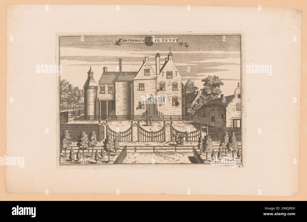 Vista del castello di Kersbergen, Jan van Vianen, dopo Caspar Specht, ca. 1710 stampa su carta incisione/incisione del castello. Paesaggio con torre o castello Castello di Kersbergen Foto Stock