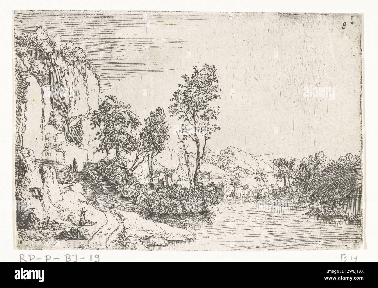 Paesaggio fluviale con rocce e uomo riposante, Jan van Aken, 1640 - 1670 stampa di carta che incide paesaggi con acque, paesaggi acquatici, paesaggi marini (nella zona temperata) Foto Stock