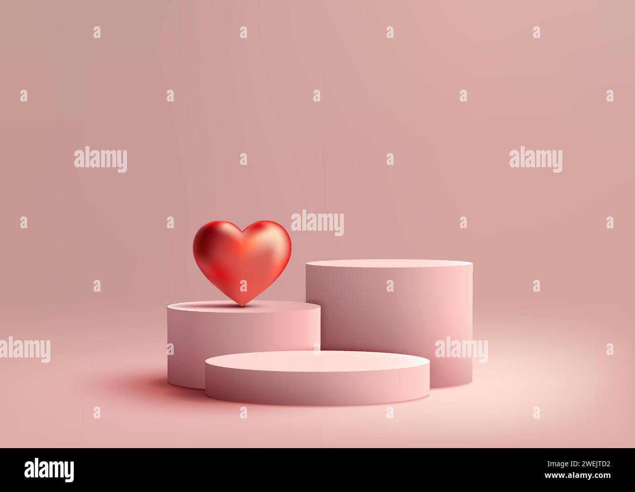 San Valentino in mostra con questo modello 3D rosa su podio. Elementi lucidi a cuore rosso con sfondo rosa tenue, perfetti per presentare prodotti, marchi, Illustrazione Vettoriale