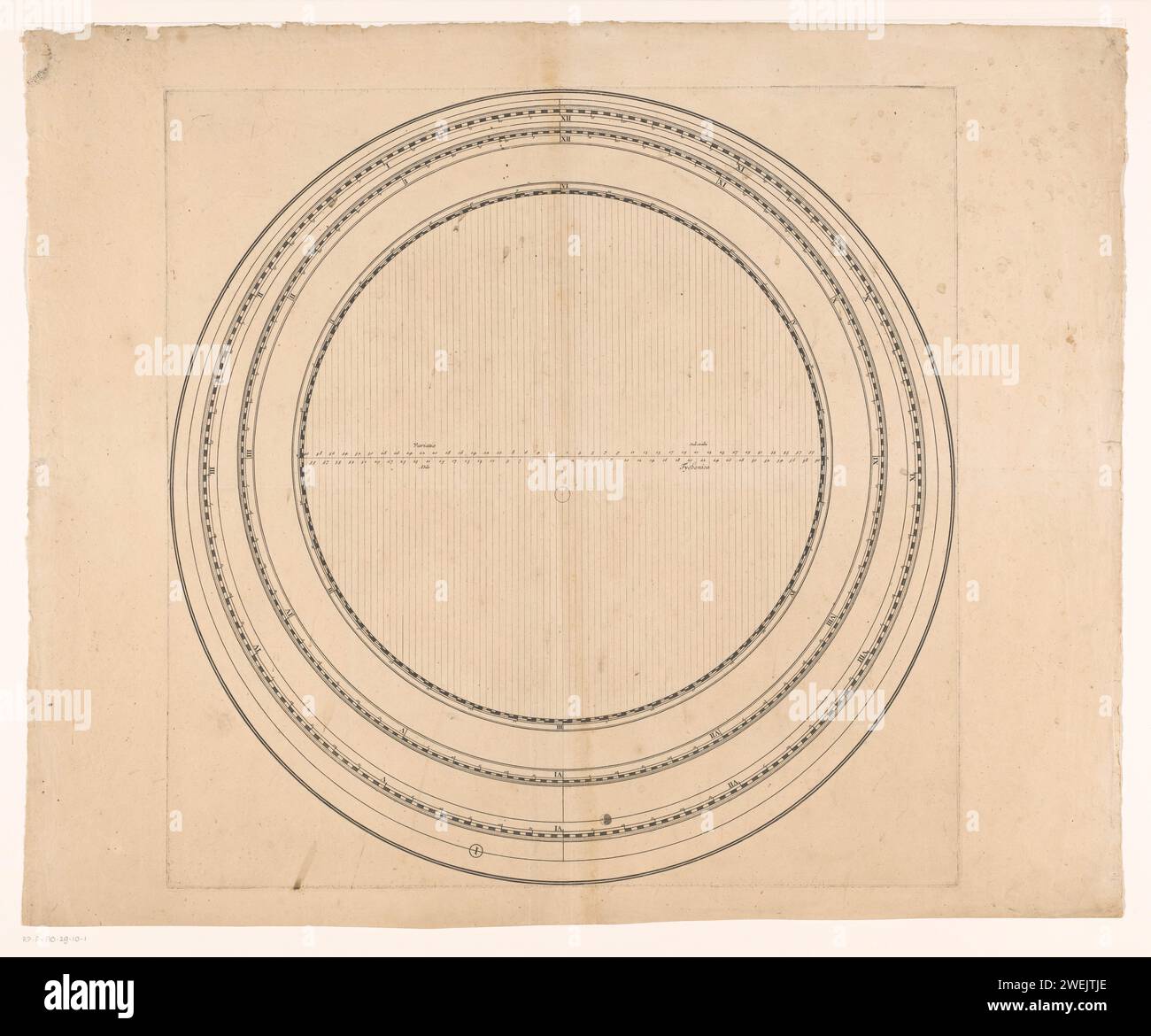 Seconda foglia di un planetario mobile in tre parti, anonimo, 1695 - 1726 pianeti per incisione su carta stampata; sistema planetario, sistema solare. zodiaco; i dodici segni zodiacali insieme Foto Stock