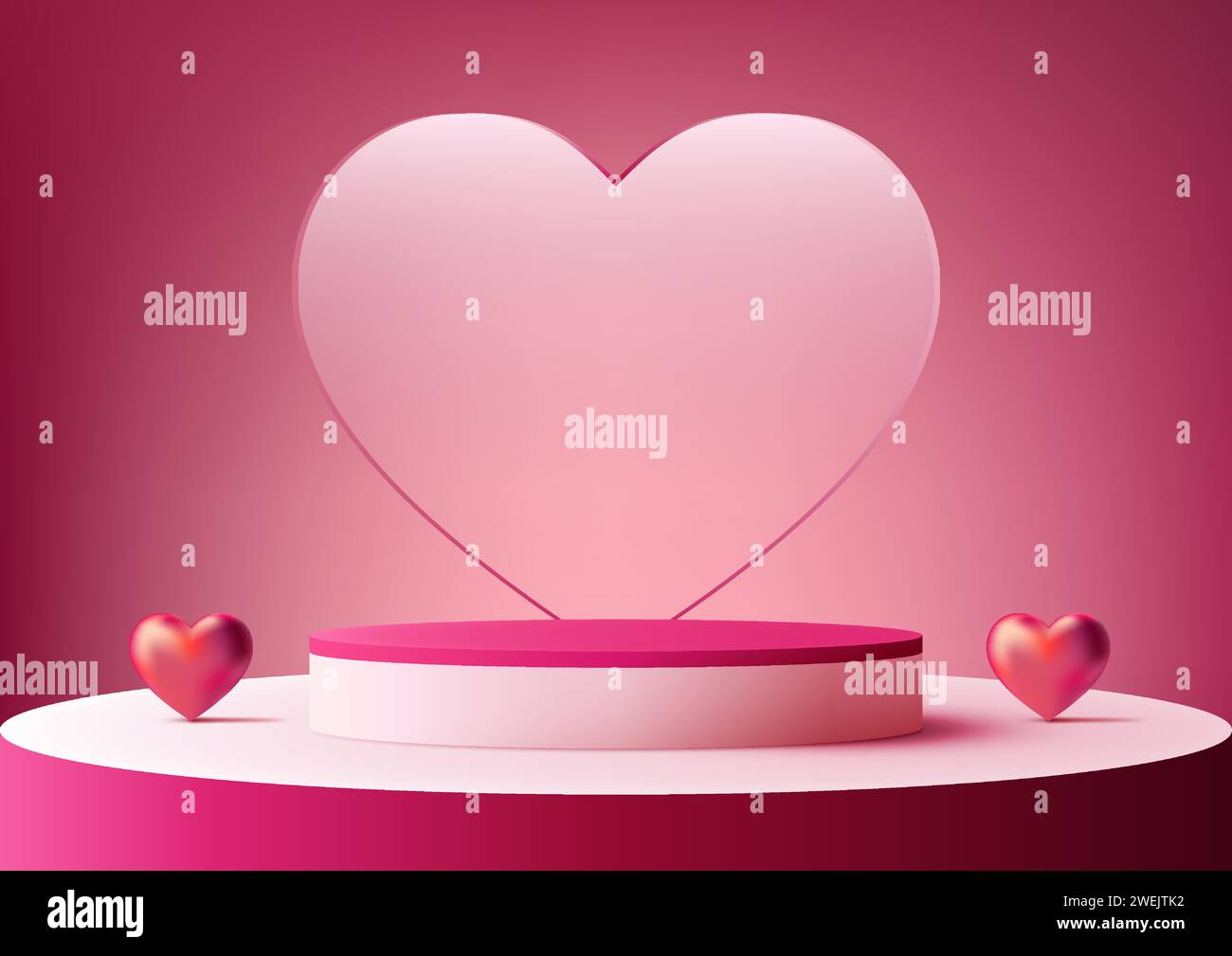 San Valentino in mostra con questo modello 3D rosa e bianco su podio. Cuore rosa lucido sul podio e sullo sfondo, perfetto per presentare prodotti, marchi, Illustrazione Vettoriale