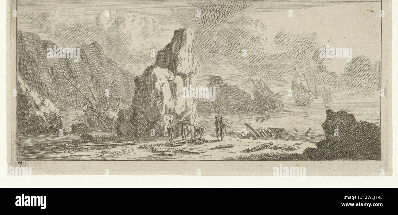 Paesaggio marino con navi forgiate da navi, Reinier Nooms, 1651 - 1652 navi stampate gettate sulle rocce dopo una tempesta. Sulla costa, sotto parti della nave perdonatrice, cinque membri dell'equipaggio e tre morti. incisione/incisione di carta a terra. annegamento, persona naufragata Foto Stock