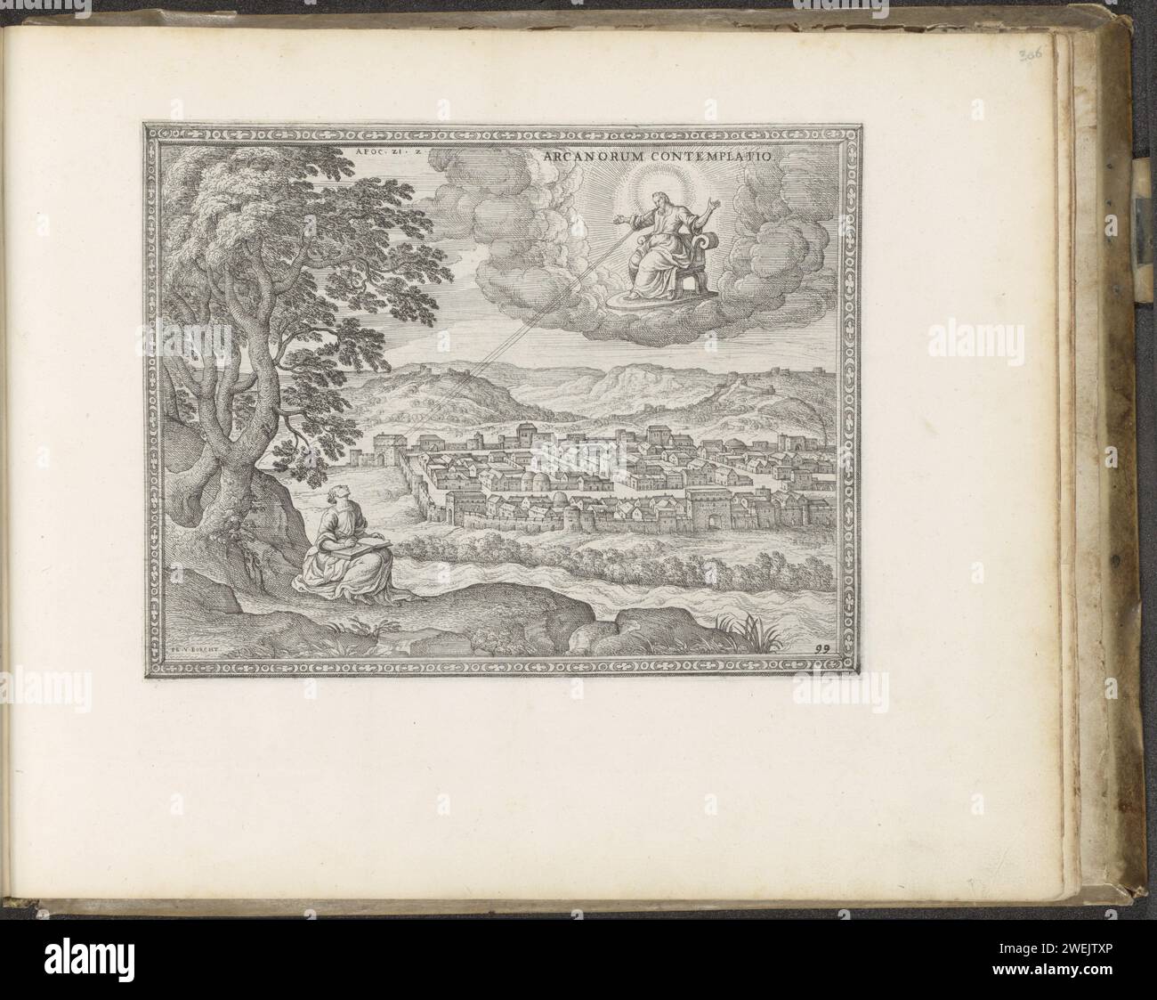 Johannes on Patmos and the New Jerusalem, 1653 - 1654 stampa Johannes de Evangelist scrive alla sua rivelazione su Patmos. Dio padre sul suo trono tra le nuvole gli dà una visione della nuova Gerusalemme (Apoc. 21). La stampa fa parte di un album. Carta che incide sulla nuova Gerusalemme Foto Stock