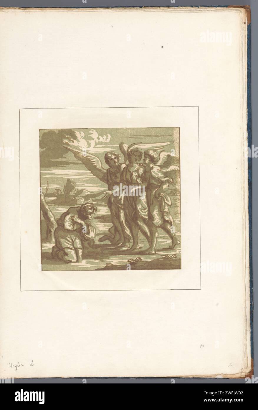 Abraham e De Drie Engelen, John B. Skippe, dopo Tiziano, 1781 - 1783 stampa Abramo inginocchiato sul pavimento per i tre angeli. Parte di un album con 26 pasted Clair-Obscur Houtcuts ad artisti italiani del XVI secolo. carta. Abramo si inginocchierà davanti agli angeli Foto Stock