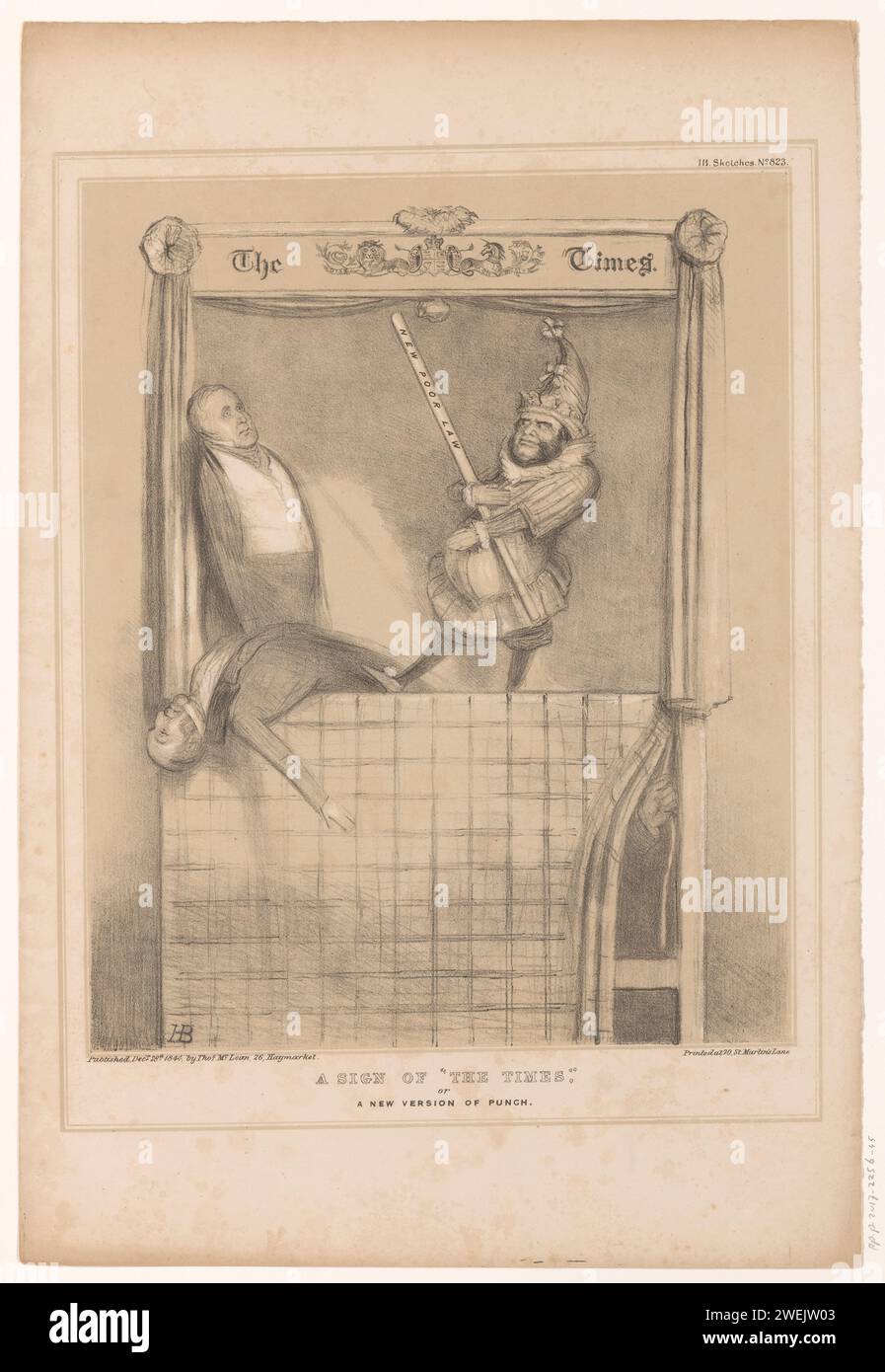 Spettacolo di marionette con William Busfield Ferrand come Punch, John Doyle, 1844 stampa Cartoon dal 1844 con William Busfield Ferrand come pugno con una mazza in un PNCH e Judy Show dal quotidiano The Times. Pubblicato come n.. 823 nella serie HB Sketches. Paper Punch e Judy. caricature politiche e satire Foto Stock