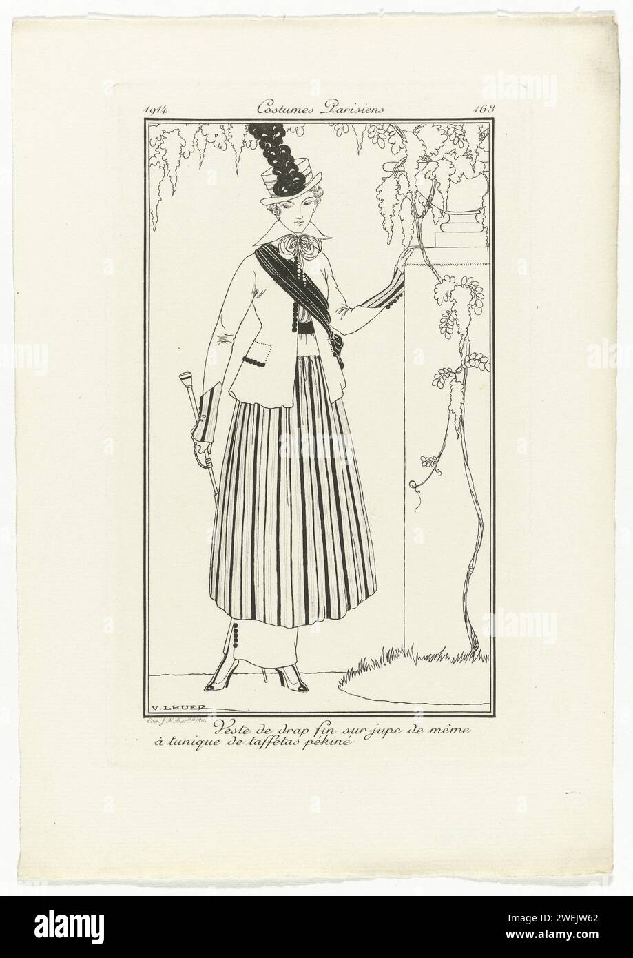 Journal of the Ladies and Fashions, Parisian Costumes, 1914, No. 163: Giacca di stoffa (...), 1914 giacca di foglio fine sulla stessa gonna. Tunica di Tafzijde o "Taffetas Pékiné". Proef pressure di una stampa della rivista di moda Journal des Dames et des Modes (1912-1914). lastre di moda per incisioni in carta. cappotto (+ abiti da donna). gonna (+ abiti da donna). Abbigliamento per la parte superiore del corpo (TUNICA) (+ abiti da donna). scarpe, sandali (+ abiti da donna). copricapo (+ abiti da donna) Foto Stock