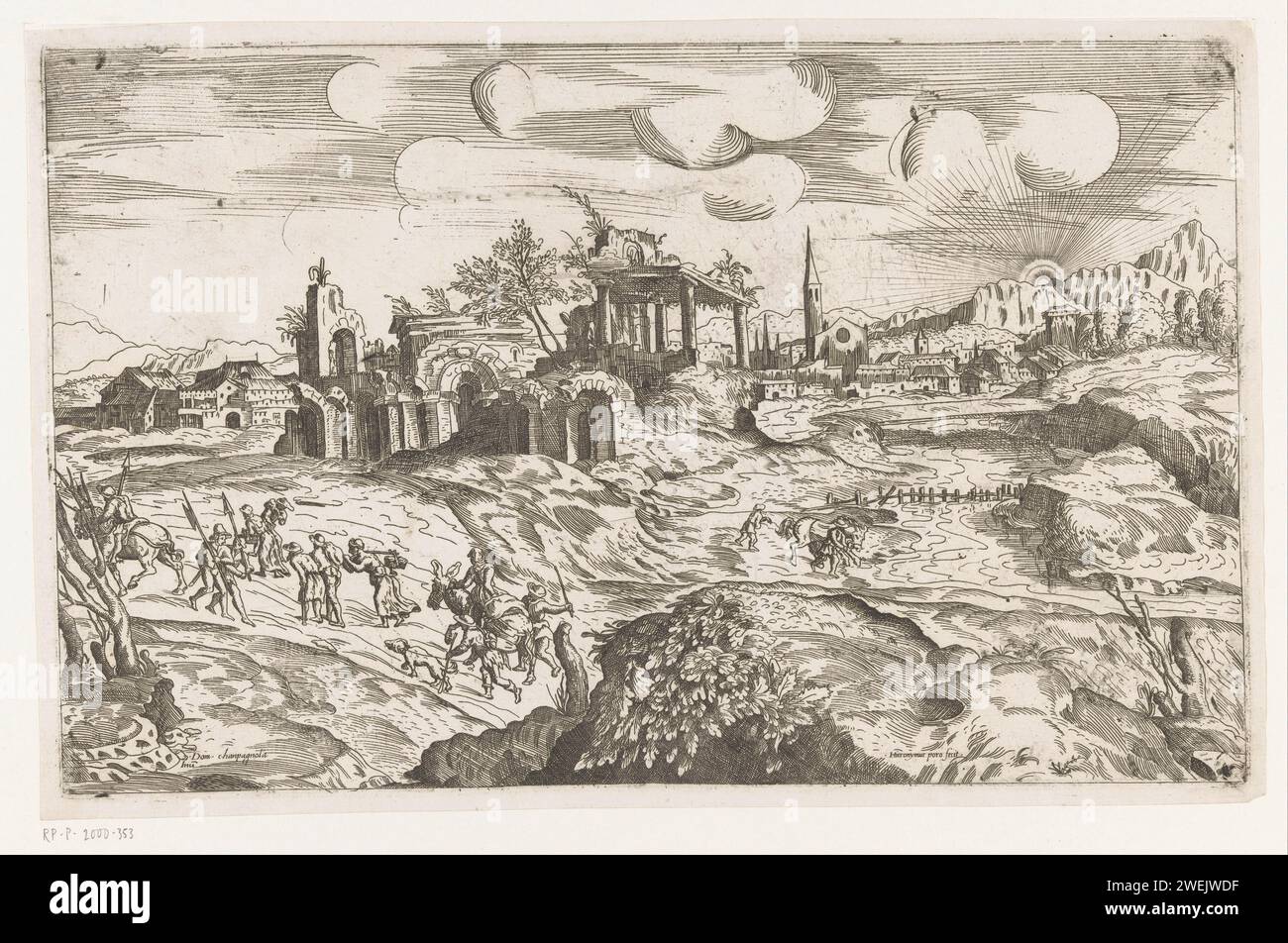 Paesaggio con antichi ruderi e figure di corsa, Girolamo Porro, dopo Domenico Campagnola, 1530 - 1604 stampa Un paesaggio collinare meridionale con antichi ruderi. Sullo sfondo a destra un villaggio e delle colline, dietro le quali sorge il sole. In primo piano a sinistra un gruppo di figure: Alcune a cavallo, altre a piedi, con i bagagli sul retro. carta che incide paesaggi. paesaggio con ponte, viadotto o acquedotto. vista sulla città e paesaggio con costruzioni artificiali. paesaggio con rovine Foto Stock