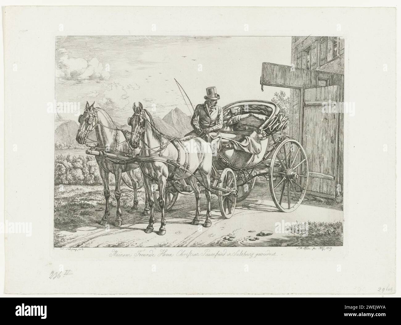 Carrozza nella sua carrozza trainata da due cavalli, 1819 stampa il mercante Christian Paurnfeind di Salisburgo composto in una carrozza con due cavalli inglesi per un cancello aperto. Sullo sfondo un paesaggio con montagne. A margine un'assegnazione dall'artista all'amico ritratto. veicolo a quattro ruote con incisione di carta trainato da due animali. Cavallo Salisburgo Foto Stock