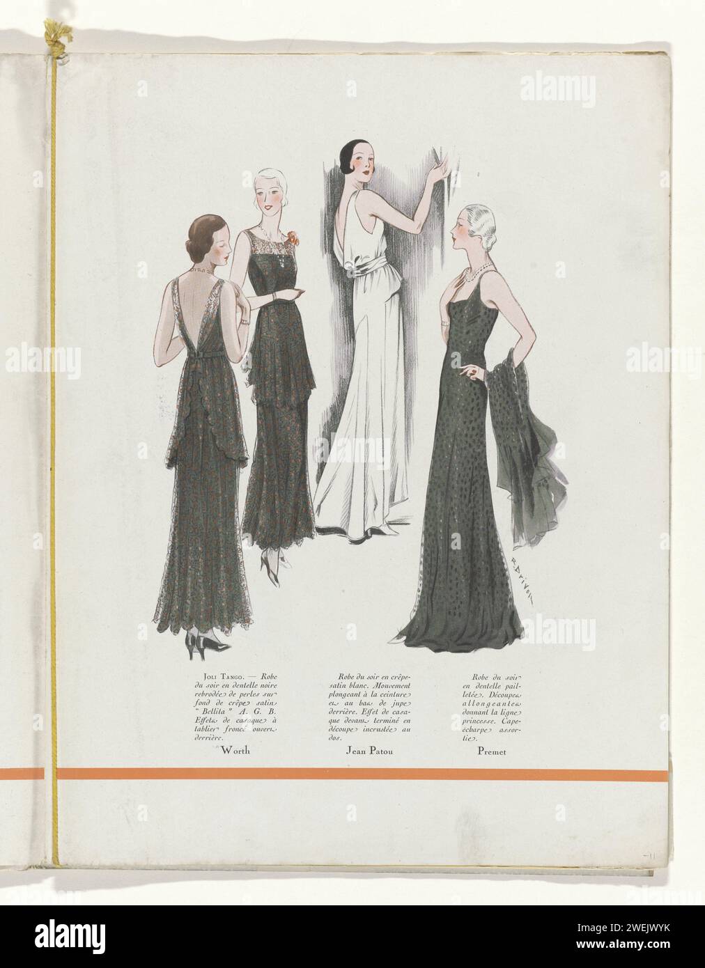 Art - Taste - Beauty, Female Elegance sheets, May 1931, No. 129, undicesimo anno, P. 11, R. Drivon, rivista 1931 quattro donne, due delle quali indossano lo stesso abito da sera. A sinistra: Abito da sera nero in pizzo ricamato con perline su una superficie di 'Crepe Satin' 'Bellita' A.G.B., di WORTH. Mezzo: Abito da sera in raso crepe bianco, da Jean Patou. Destra: Abito da sera Kant con sciarpa coordinata, di Premet. Pagina della rivista di moda Art-Goût-Beauté (1920-1933). targhe di carta. abito, abito: abito da sera (+ abiti da donna). pizzo (+ abiti da donna). Indumenti per la parte superiore del corpo (SHAW Foto Stock