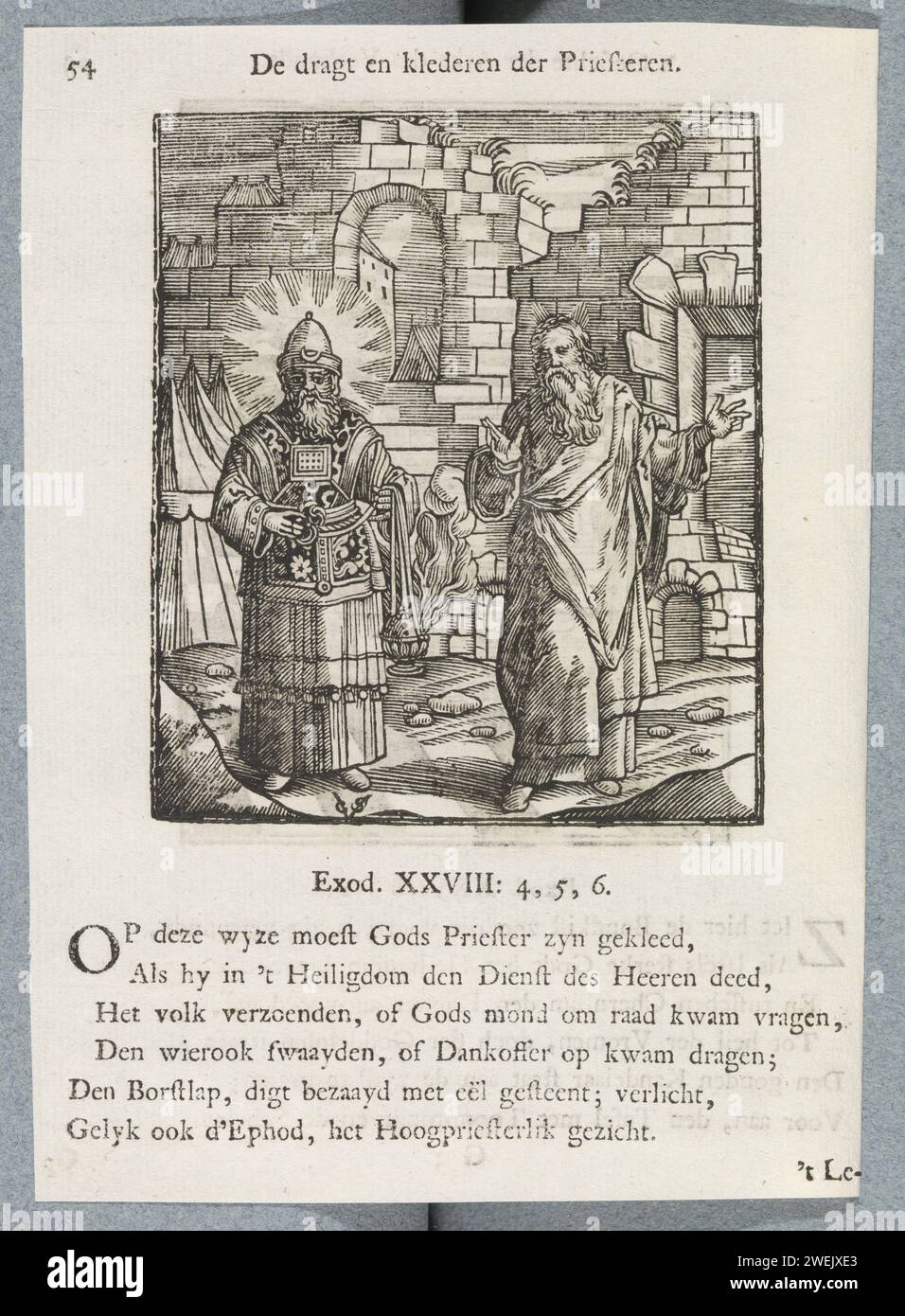 Abbigliamento sacerdote, 1740 stampa secondo il Signore, Mosè mostra come dovrebbe essere l'abbigliamento sacerdote. Un titolo sopra lo spettacolo. Sotto sei versi e un riferimento a Esodo 28: 4-6. La stampa fa parte di un album. Carta stampa tipografica preparazione e configurazione del Tabernacolo e dei suoi accessori  Exodus (Exodus 35-40). Indumento, 'efod' del sommo sacerdote  religione ebraica Foto Stock