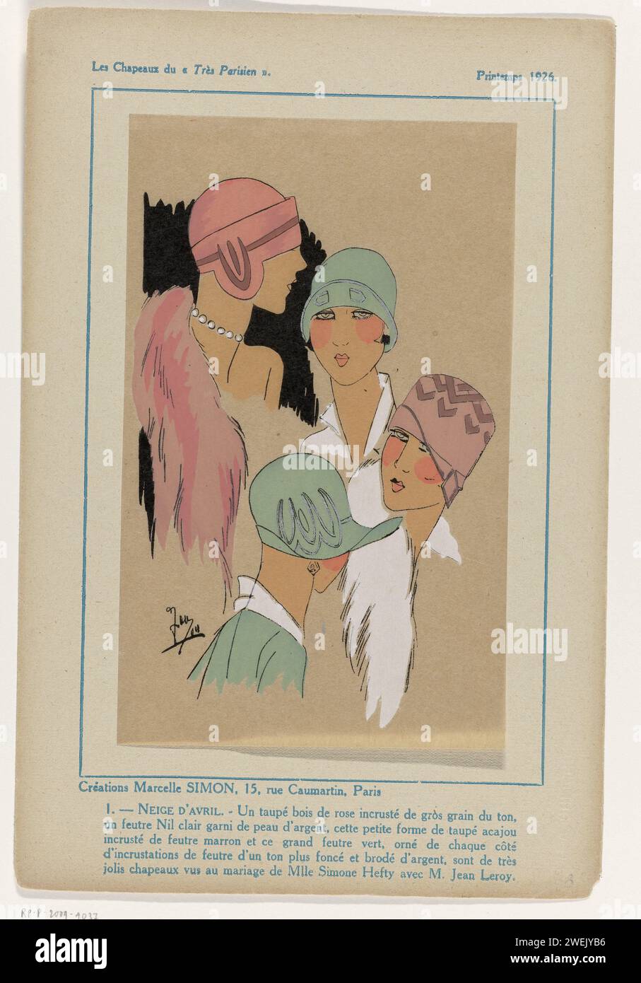 I cappelli di 'Very Parisian', primavera 1926: Creazioni Marcelle Simon (...), 1926 quattro teste femminili con diverse pothoat disegnate da Marcelle Simon. Cloche (cappello in vaso) di feltro verde con ricami color argento. Secondo la didascalia, questi cloches (pothoeds) sono visti al matrimonio di Simone Verley e Jean Leroy. Stampa dalla rivista di moda Très Parisien (1920-1936). carta letterpress stampa di piatti di moda. ricamo (ornamenti) (+ abiti da donna) Foto Stock