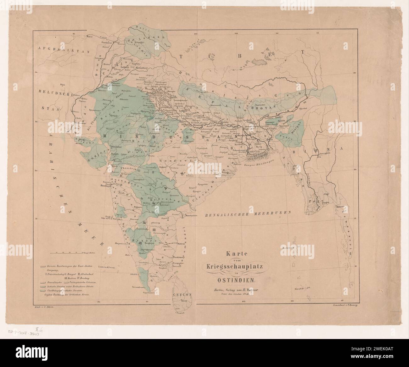 Mappa dei possedimenti coloniali europei in India, Anonimo, dopo T. Koenig, 1850 - 1899 carte stampate di paesi o regioni separati. Imperialismo India Foto Stock