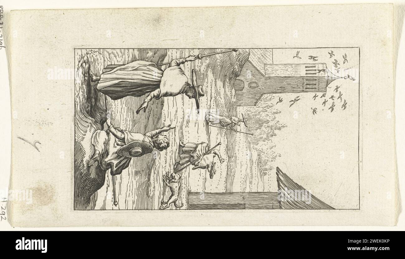 Duyfken e Willemynken vicino alla torre della chiesa con uccelli, Boëtius Adamsz. Bolswert, 1590 - 1627 stampa Duyfken dice a Willemynken che è meglio seguire l'esempio dei santi entrare in paradiso che rispondere dei suoi peccati per i suoi peccati. La lotta con il cane si riferisce a questo brutto. pellegrini con incisione su carta. pellegrinaggio, pellegrini in corso Foto Stock