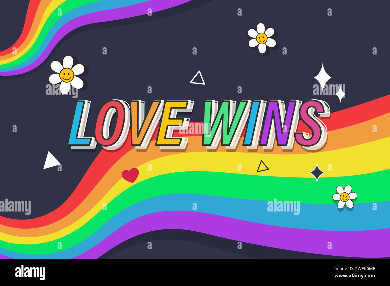 Lo sfondo del mese dell'orgoglio con l'arcobaleno ondulato e l'amore vince il testo Illustrazione Vettoriale