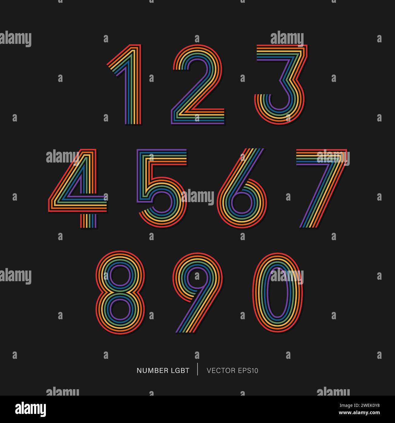 Set di numeri 0-9 nel design vettoriale del tema orgoglio colore arcobaleno Illustrazione Vettoriale