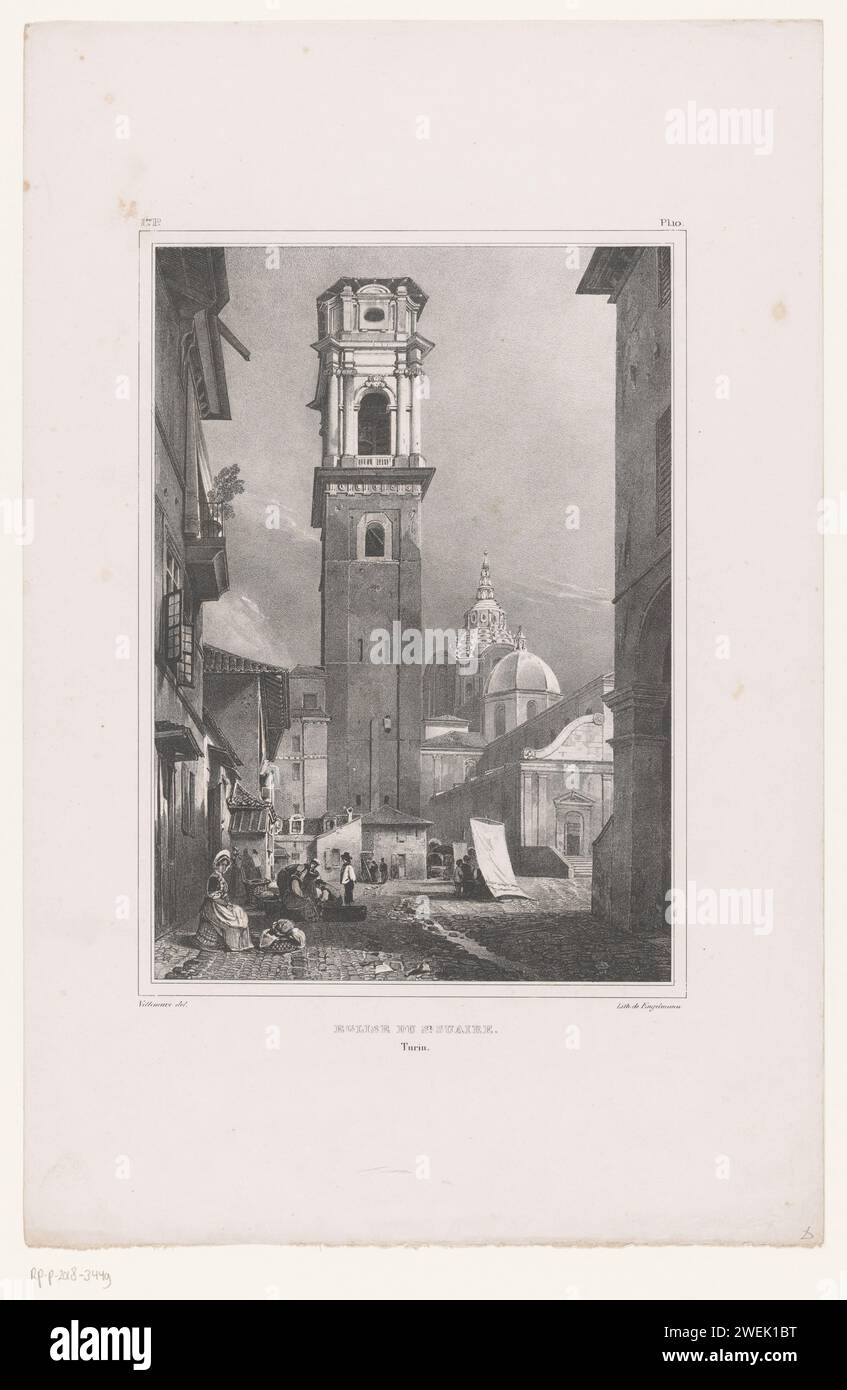 Veduta della Cappella della Sacra Sindone a Torino, Louis Jules Fréderic Villeneuve, 1829 - 1839 stampa numerata in alto a destra: 10. Chiesa cattolica romana di carta. parti dell'esterno della chiesa e degli annessi: torre. Vista sulla città e paesaggio con costruzioni artificiali Torino Foto Stock