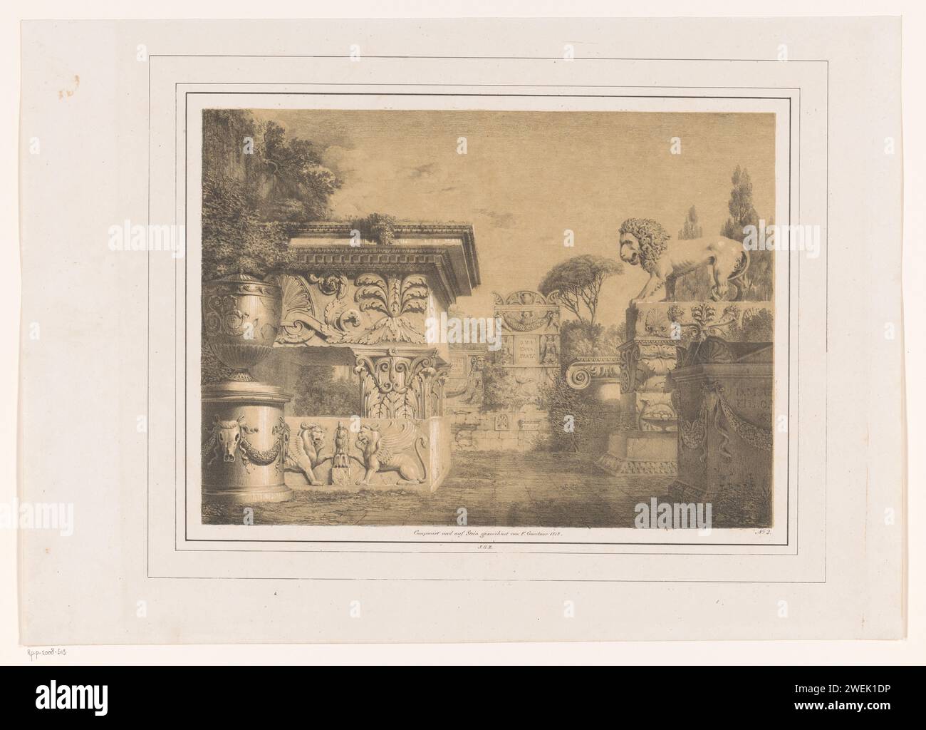 Fantasia architettonica con elementi antichi, 1818 stampe numerate in basso a destra: 2. carta architettura fantastica, fantasie architettoniche irrealistiche Foto Stock