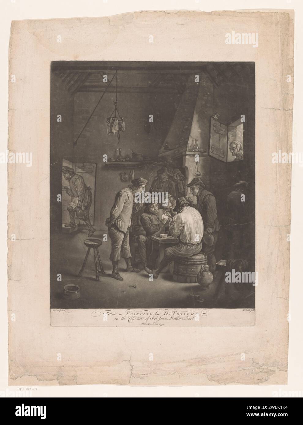 Mailing Farmers in Herberg, William Baillie, After David Teniers (II), 1771 stampa Pardens Farmers in an inn with pipe-fitting Spectators. A destra una finestra attraverso la quale una vecchia guarda dentro. carte da gioco di carta. inn, caffetteria, pub, ecc.. Foto Stock