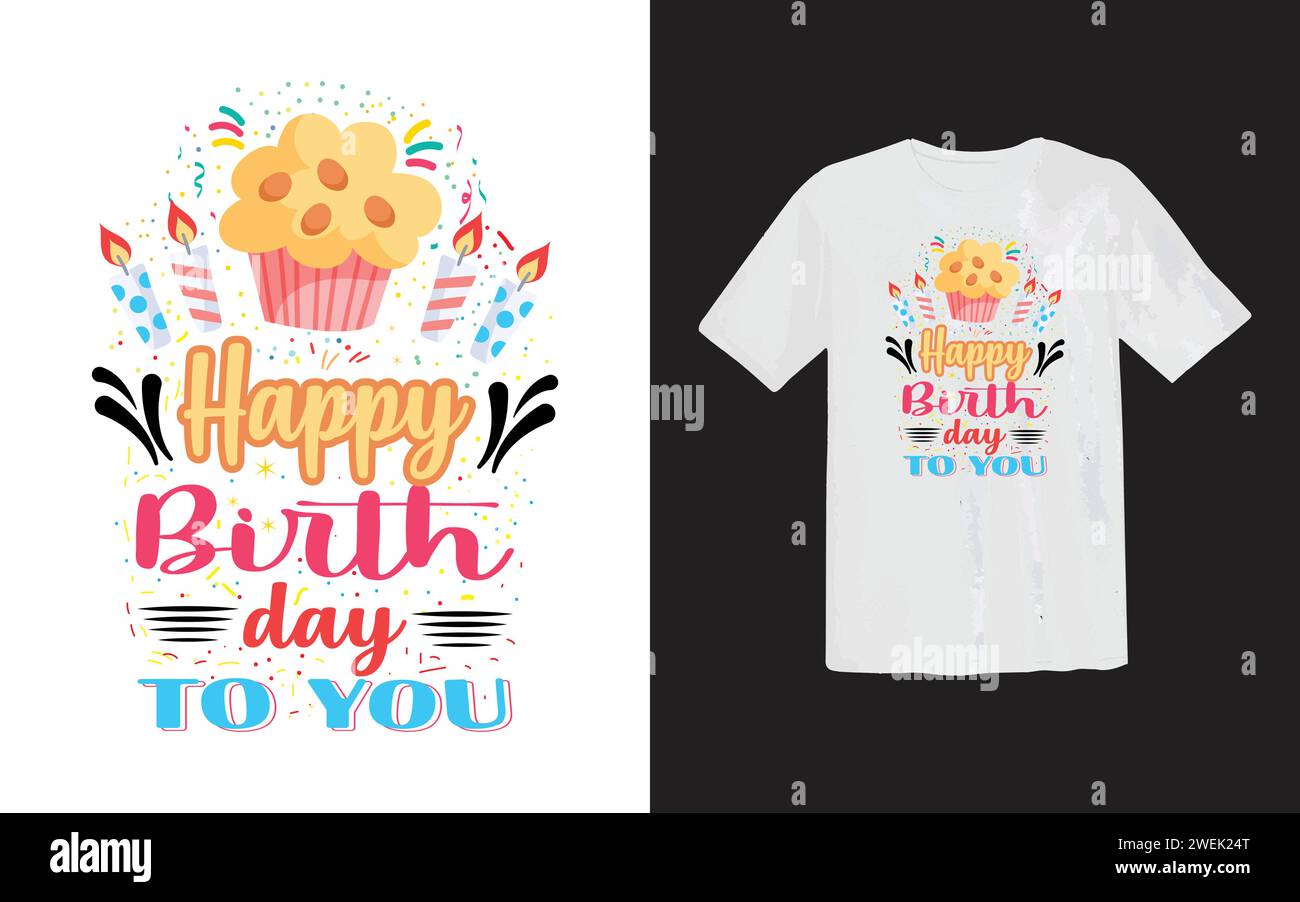 T-shirt dal design Happy Birth Day. Nuovo design creativo. Modello di maglietta tipografica trendy. progettazione su richiesta con stampa vettoriale. la maglietta più venduta. Illustrazione Vettoriale