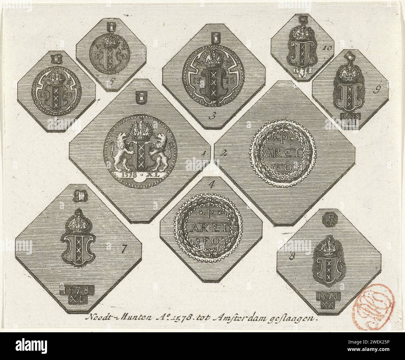 Dieci monete di emergenza da Amsterdam, 1578, 1700 - 1799 stampare dieci monete di emergenza ad Amsterdam batté Kerkzilver durante l'assedio di Sonoy nel 1578. Moneta per incisione di carta Amsterdam Foto Stock