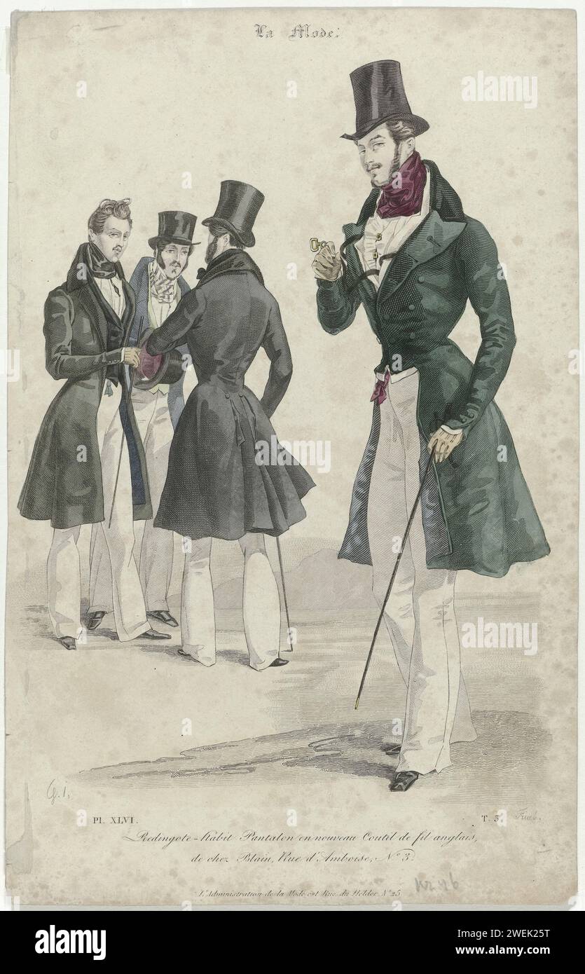 Moda, 1830, PL. 46, T.3: Redingote-Habit Pants (...), 1830 'Redingote-Habit'. Pantaloni lunghi dal nuovo "Coutil de Fil Anglais", di Blain. Gilet e camicia con Jabot rugoso. Panno per collo annodato. Altri accessori: Cappello con bordo verticale, due perni per fascette, cavo con lorgnet, guanti, breloque, bastoncino da passeggio, scarpe con naso quadrato. Stampa dalla rivista di moda la Mode (1829-1855). lastre di incisione in acciaio/incisione carta. Abbigliamento per la parte superiore del corpo (GILET) (+ abiti da uomo). pantaloni, pantaloncini, ecc. (PANTALON) (+ abiti da uomo). abbigliamento da collo  (+ abiti da uomo). sho Foto Stock