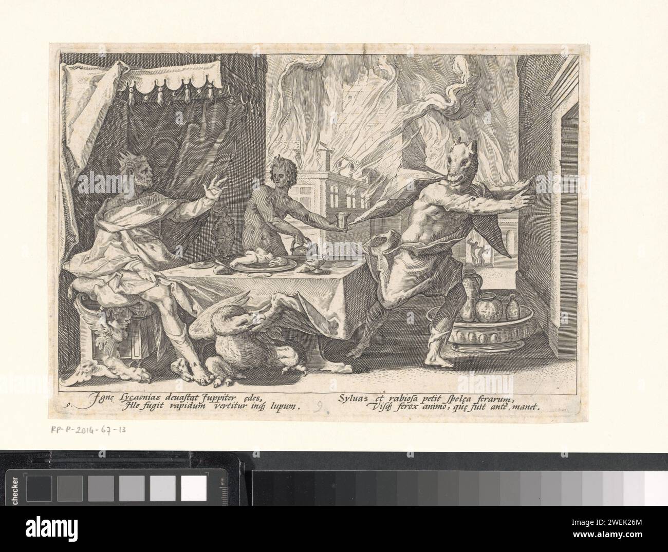 Giove trasforma re Lycaon in un lupo, stampa del 1589 Lycaon (destra) tentò di imbrogliare Giove (sinistra, con l'aquila) massacrando suo figlio Arcas e offrendogli una cena, dopodiché Giove lo trasforma in un lupo. Il palazzo del re è colpito da un fulmine sullo sfondo. Nel margine inferiore una spiegazione a quattro righe, in due colonne, in latino. Incisione di carta Lycaon trasformata in lupo: Giove trasforma Lycaon in lupo come punizione per aver offerto al dio, che è seduto al tavolo, carne umana da mangiare; la casa di Lycaon è colpita da un fulmine (Ovidio, Metamorfosi i 237) Foto Stock