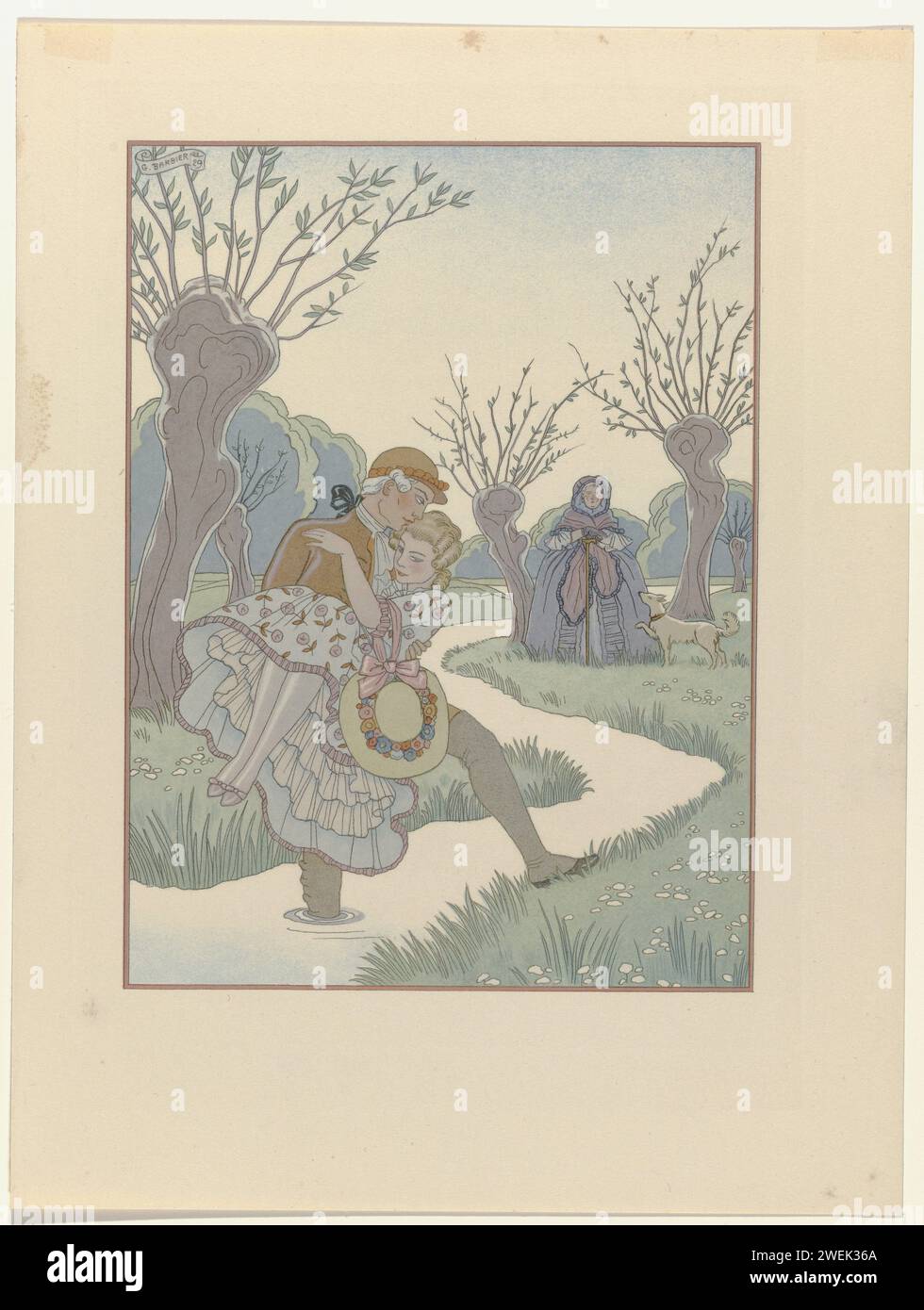 Dangerous Liaisons, 1929 - 1934, 1934 Un giovane uomo trasferisce una giovane donna in un fosso. Indossano abiti del XVIII secolo. La stampa fa parte della serie "Les Liaisons Dangereuses" illustrata da George Barbier, dopo il romanzo di Pierre Choderlos de Laclos del 1782. lastre di moda per incisioni in carta. abito, abito (+ abiti da donna). copricapo: cappello (+ abiti da donna). cane. trasportare una persona (+ traffico sull'acqua). vecchia donna Foto Stock