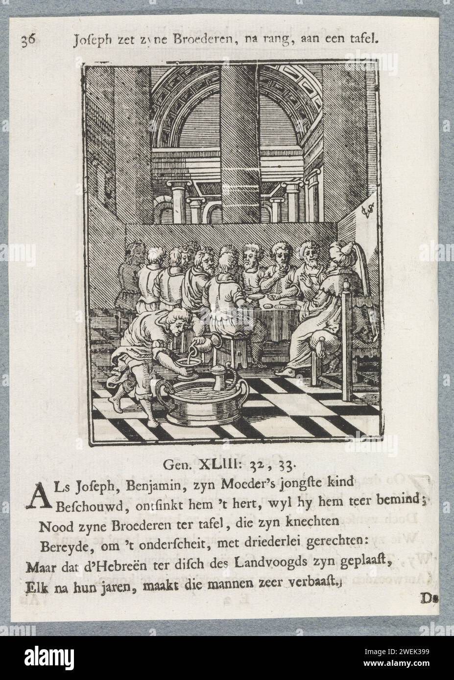 Jozef offre ai suoi fratelli una festa, 1740 stampe i fratelli di Jozef e il loro fratellino Benjamin tornarono in Egitto e si inginocchiarono per Joseph. Li invita a mangiare. Un titolo sopra lo spettacolo. Sotto sei versi e un riferimento a Genesi 43: 32-33. La stampa fa parte di un album. Tipografia di carta che stampa la festa a casa di Joseph: Lo stupore dei suoi fratelli di essere seduti secondo la loro età; Benjamin è onorato con cibo extra Foto Stock