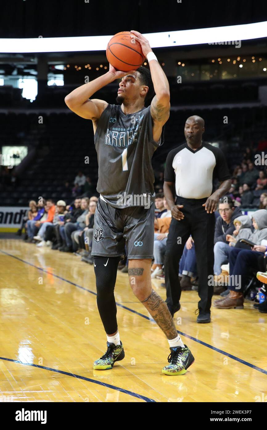 London Ontario Canada, 21 gennaio 2024. I London Lightning sconfiggono i Rhode Island Kraken nella loro prima visita in Canada. Zecaree Veiga (1) del Rodi Foto Stock