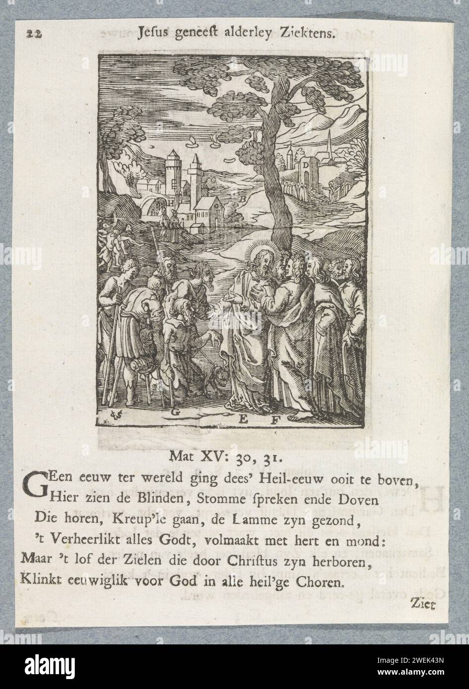 Cristo risponde ai messaggeri di Johannes, 1740 stampa Giovanni appartiene in prigione sulla performance di Cristo. Gli manda alcuni dei suoi studenti per fargli delle domande. In loro presenza, Cristo guarisce i ciechi e le persone con disabilità fisiche. Nel periodo in cui è nata questa serie, "Krepel" era una parola generica per descrivere una disabilità fisica al corpo inferiore. Ci sono lettere con elementi diversi dalle prestazioni. Un titolo sopra lo spettacolo. Sotto sei versi e un riferimento a Matteo 15: 30-31. La stampa fa parte di un album. Carta tipografica stampa due discepoli di J Foto Stock