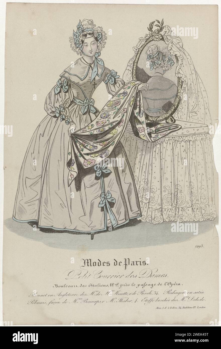 Small mail of the Ladies, 1836, No. 1293: Bonnet in England (...), 1836 "Bonnet and Angleterre" (lato del pizzo?) Dai negozi minette. Redingote da "Satin Polonais", eseguito nel modo in cui MME Boncorps. Tessuto marrone di MNS Delisle. Collier con pendente a forma di croce. Stampa dalla rivista di moda Petit Courrier des Dames (1821-1868). lastre di moda per incisioni in carta. copricapo: berretto (+ abiti da donna). ciondolo, trinket, "breloque" (+ abiti da donna). Specchio - AA - (per) donne. copricapo: cappuccio (+ pizzo utilizzato per i vestiti). abito, abito: redingote (+ vestiti da donna). tessuto tessile Foto Stock