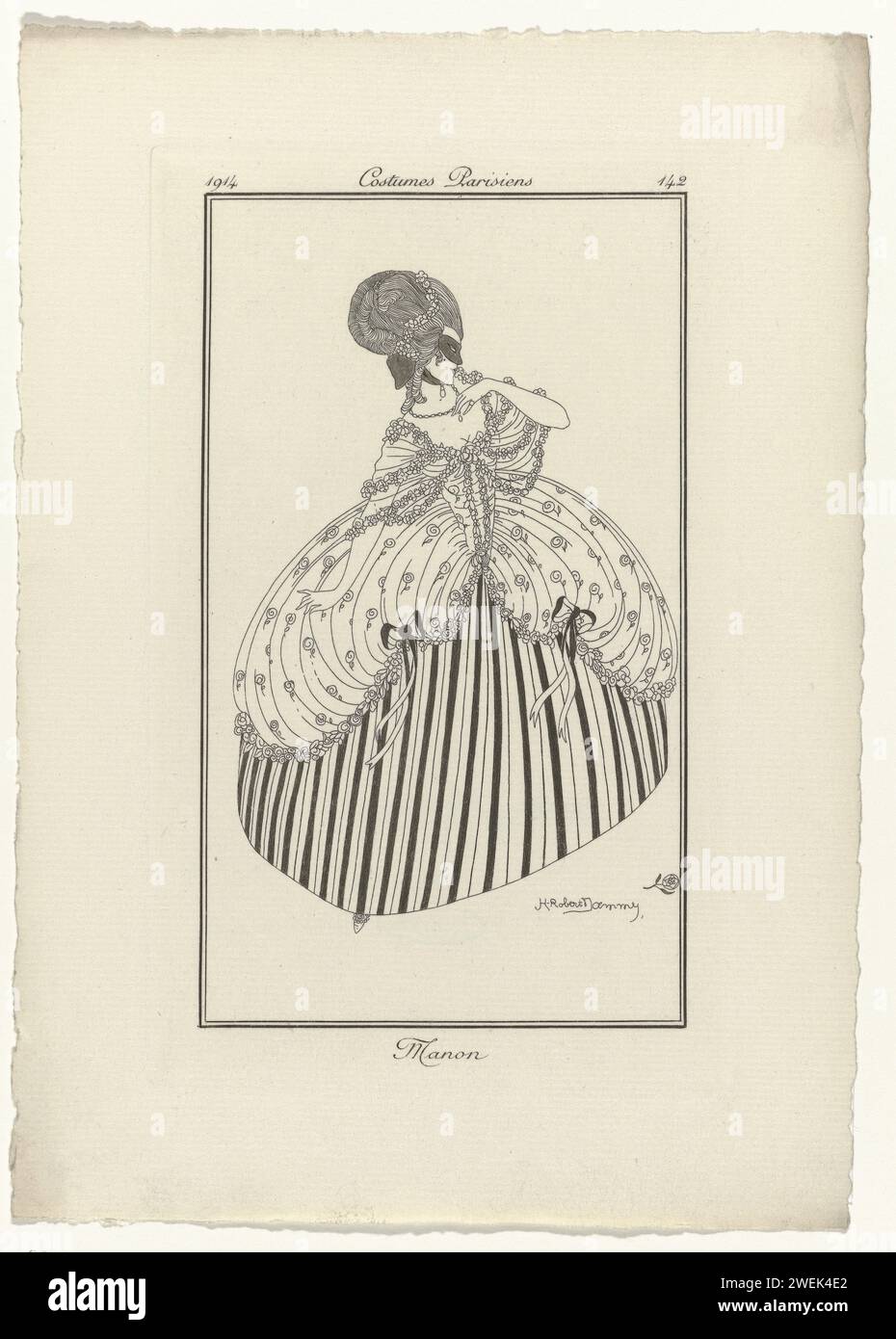 Journal of Ladies and Fashions, Parisian Costumes, 1914, No. 142: Manon, 1914 donna mascherata vestita con un abito basato sull'opera del XVIII secolo "Manon". Indossa un abito con motivo floreale, decorato con ghirlande e fiocchi, su una sottogonna a righe. Proef pressure di una stampa della rivista di moda Journal des Dames et des Modes (1912-1914). lastre di moda per incisioni in carta. abito, abito (+ abiti da donna). collana (+ abiti da donna). maschera in velluto nero o raso, "loup", "cachenez" (+ abiti da donna). costume storico (+ abiti da donna). gonna (+ abiti da donna). stili di capelli Foto Stock